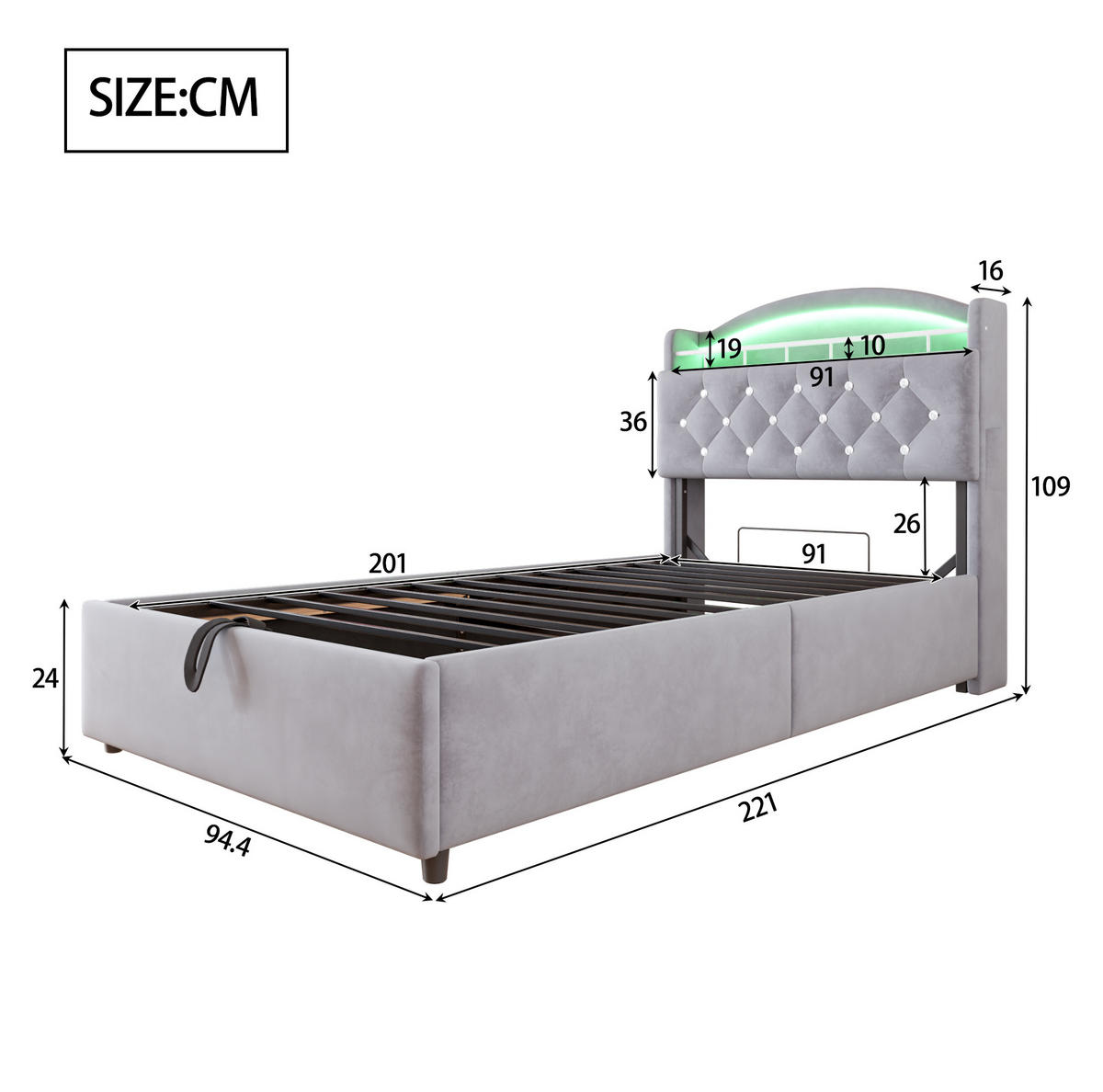 POLSTERBETT 90/200 cm grau mit Stauraum und LED-Beleuchtung - Grau, Textil (90/200cm) - OKWISH