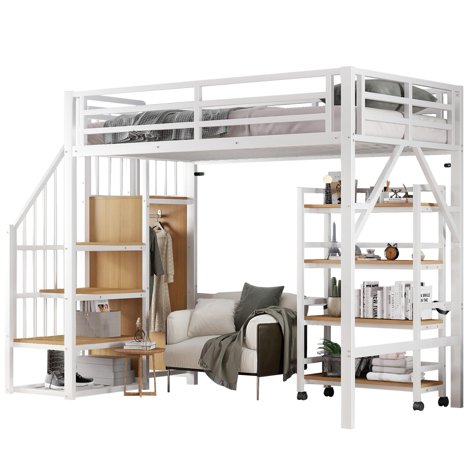 HOCHBETT 90/200 cm in Weiß/Natur – mit Rausfallschutz, Eckleiter und Regal - Weiß, Metall (90/200cm) - BEAOK