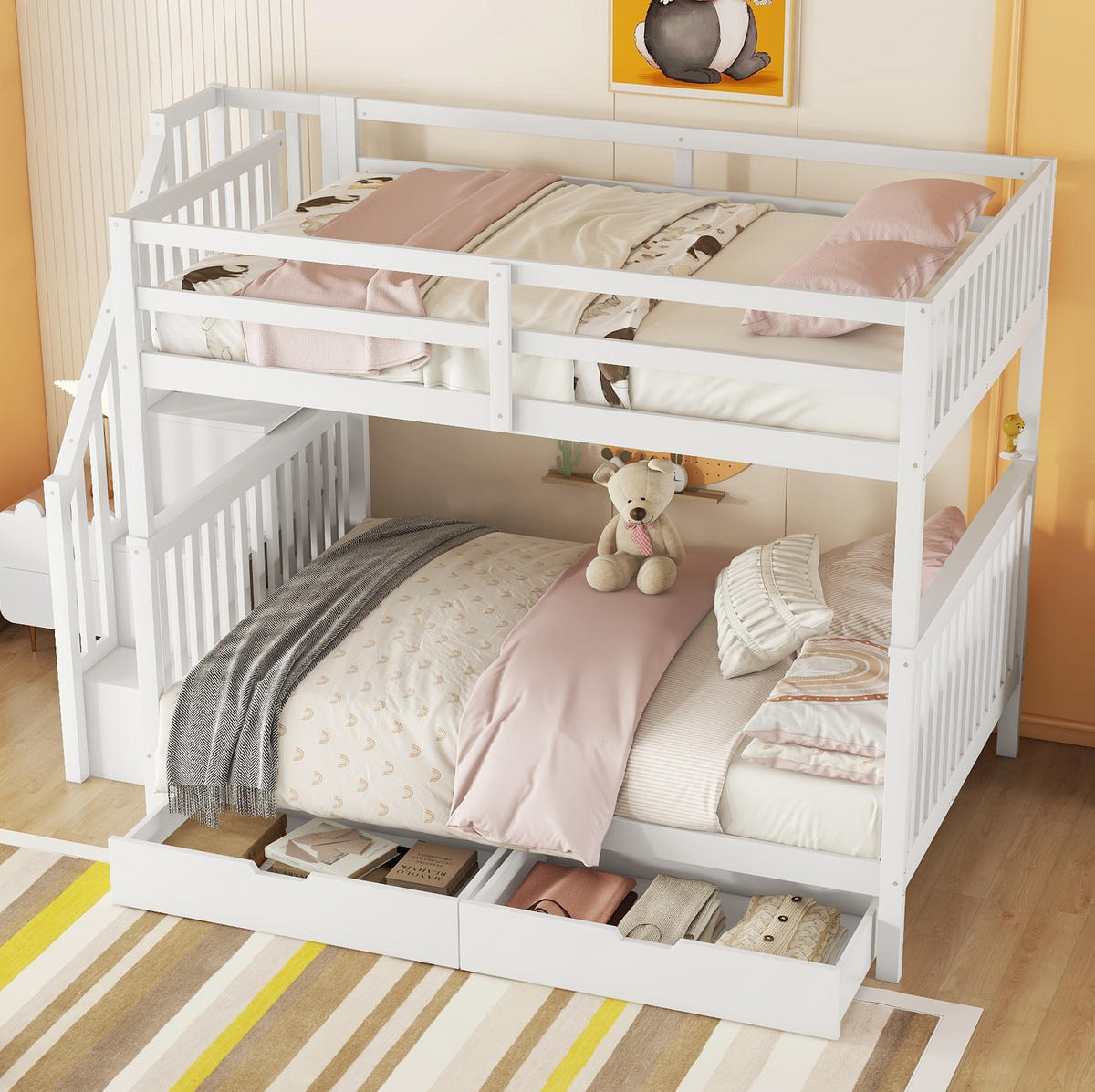 ETAGENBETT 140/200 cm weiß aus Kiefernholz mit Stauraumtreppe - Weiß, Holzwerkstoff (140/200cm) - OKWISH