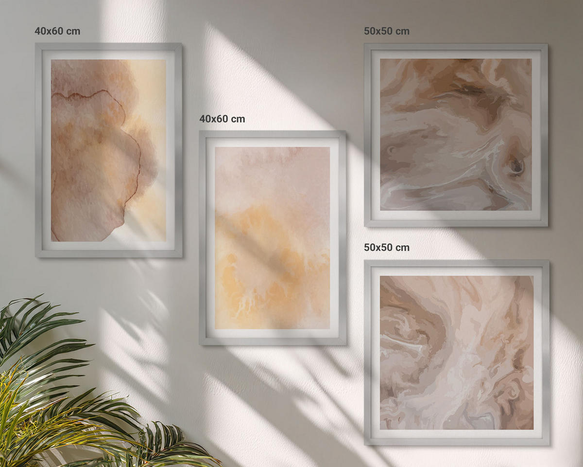 BILDER SET 4er Set - 50x50 cm & 40x60 cm Silberner Rahmen - Warme Aquarellfarben auf Leinwand - Silberfarben, Kunststoff (50/50cm) - TULUP