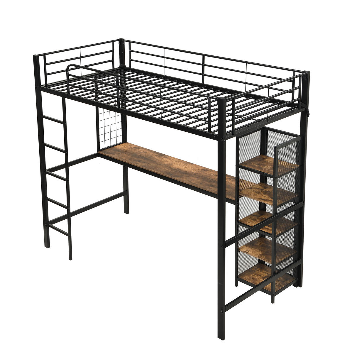 HOCHBETT 90/200 cm schwarz aus Metall mit Tisch und Regal mit Metallgitter - Schwarz, Holzwerkstoff (90/200cm) - OKWISH