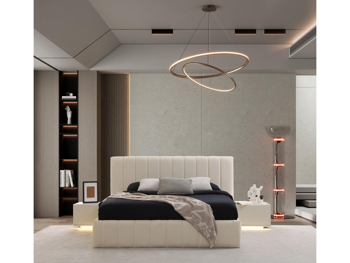 BETTANLAGE Velteria Typ-2 Bett mit Kopfteil 2 Nachttischen und Kommode - Creme, Holzwerkstoff (160/200cm)