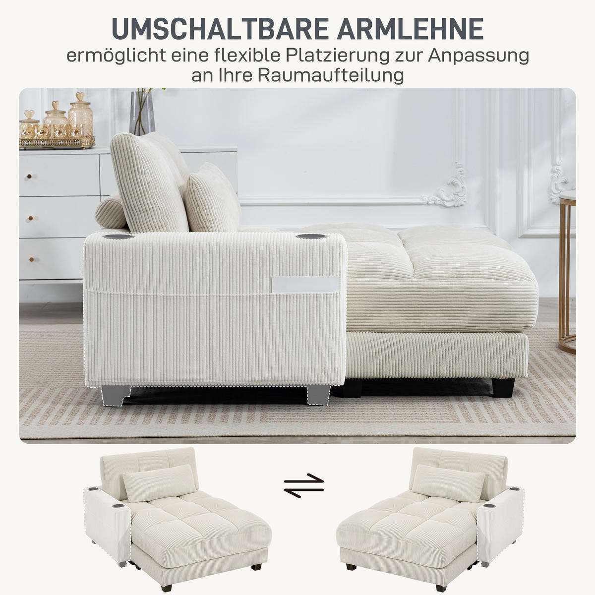 SCHLAFSOFA Polyester Mehrschichtenplatte Cremeweiß - Dunkelgrau/Creme, Kunststoff/Textil (114/86/147cm) - HOMCOM