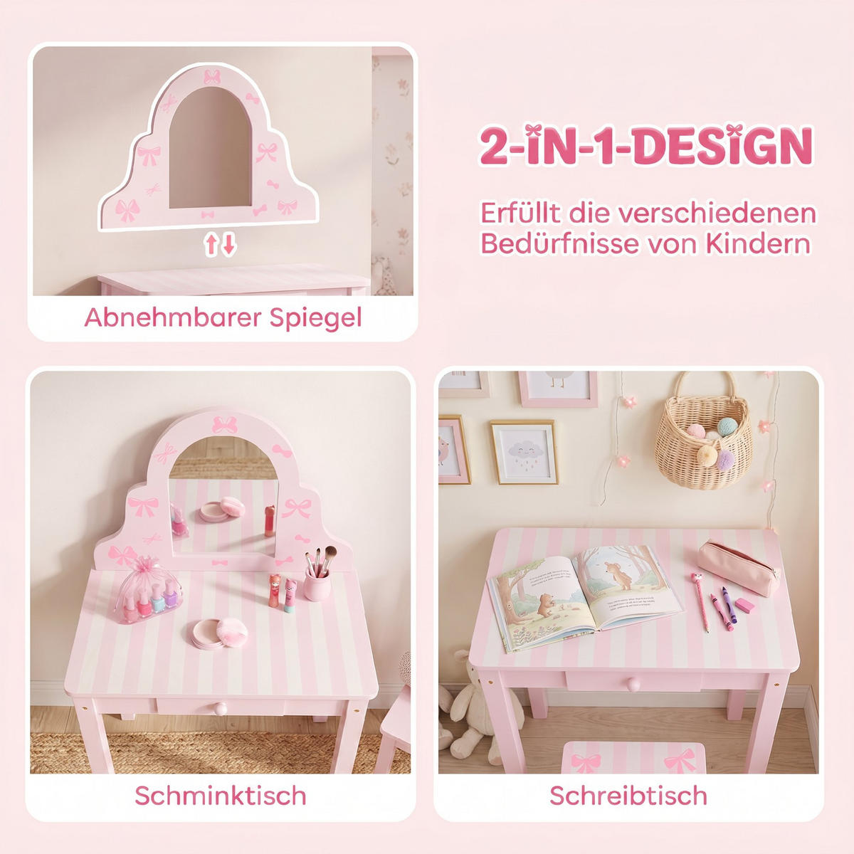 SCHMINKTISCH mit Schubladen Rosa 34.0/55.0/82.0 cm - Pink, Holzwerkstoff (55/82/34cm)