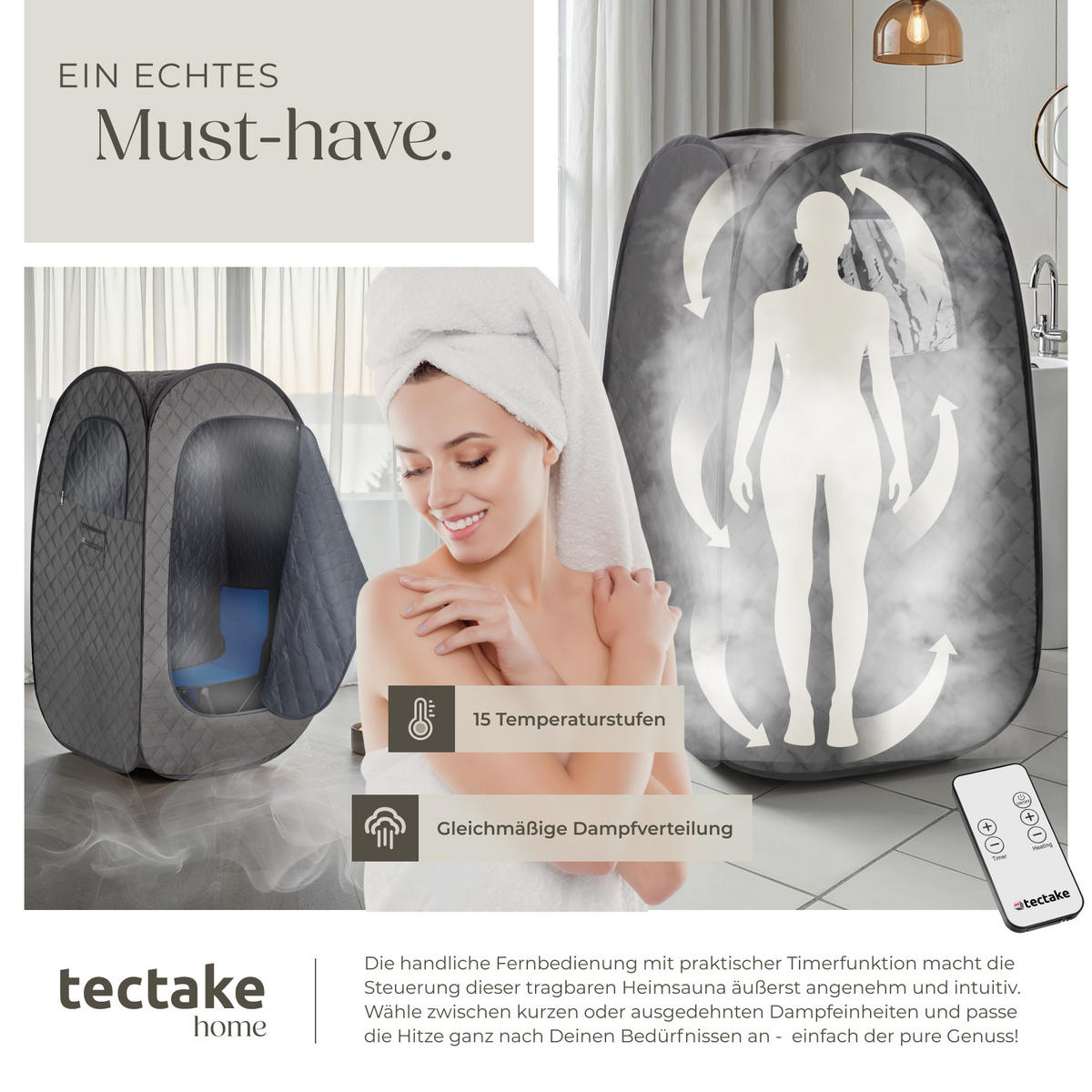 MOBILE DAMPFSAUNA Thermaluxe I,inkl. Fernbedienung, Matte, Klappstuhl und Tragetaschen,dunkelgrau/schwarz - Dunkelgrau/Schwarz, Kunststoff (84/145/84cm) - tectake
