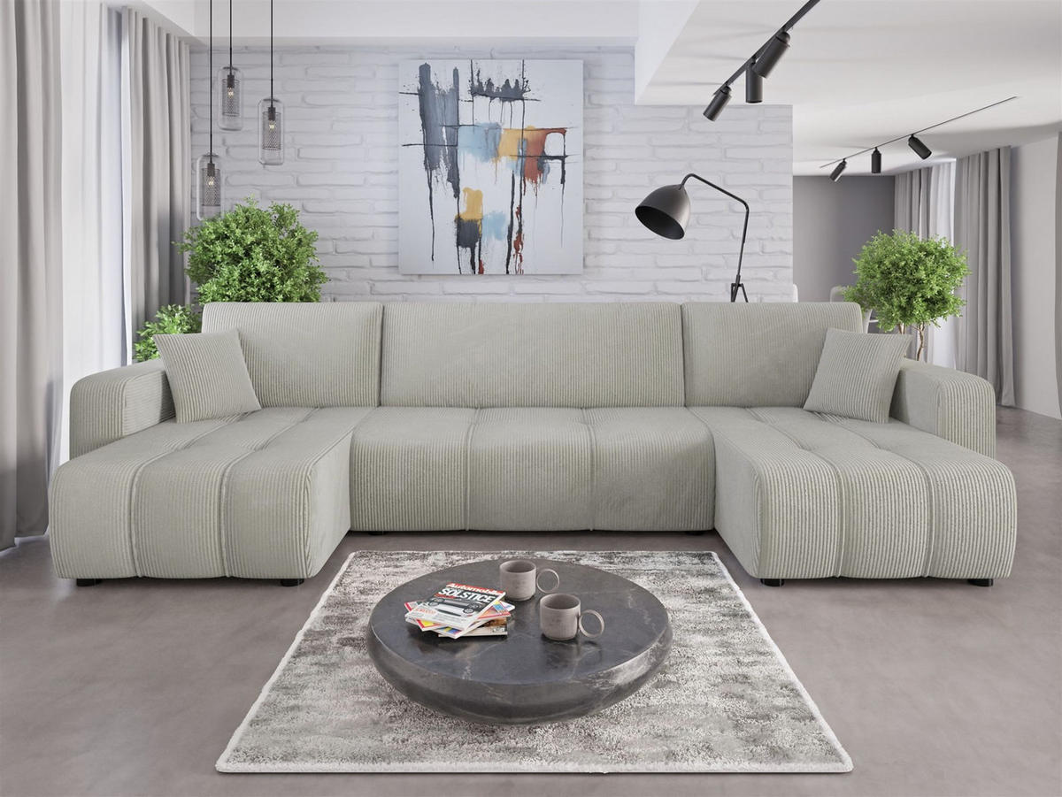 WOHNLANDSCHAFT Dagny - Hellgrau, Holzwerkstoff/Textil (317/85/146cm) - Fun Möbel