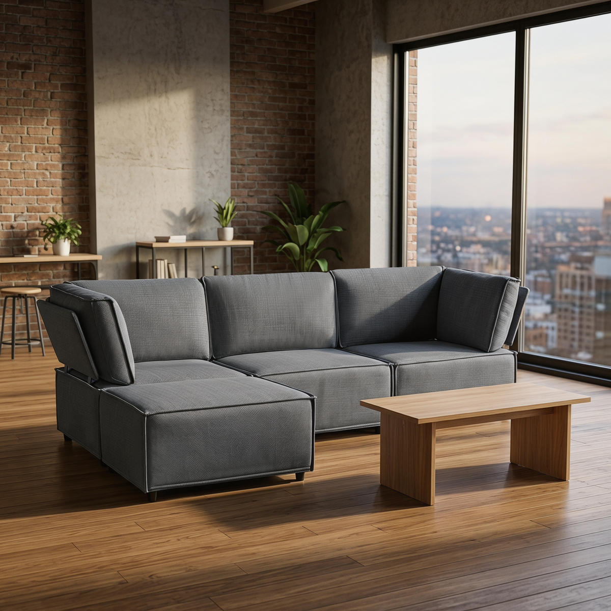 ECKSOFA 238/154/75 cm Dunkelgrau Leinen mit 1 Fußhocker - Dunkelgrau, Textil (238/154cm) - Oxeza