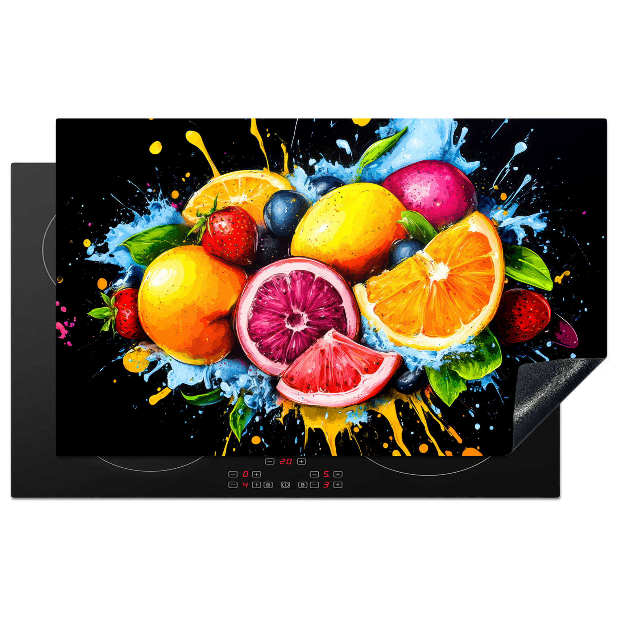 MuchoWow KRYT NA INDUKČNÍ DESKU Ovoce - graffiti - barevné - pomeranč - jahoda - abstraktní 85x52 cm