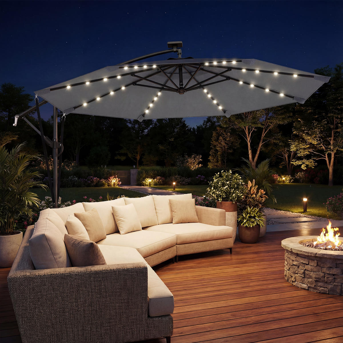 AMPELSCHIRM Ø295 cm DE-11587 mit Solar-LED & UV50+ Grau - Dunkelgrau, Metall (295/330cm) - ComfortXL