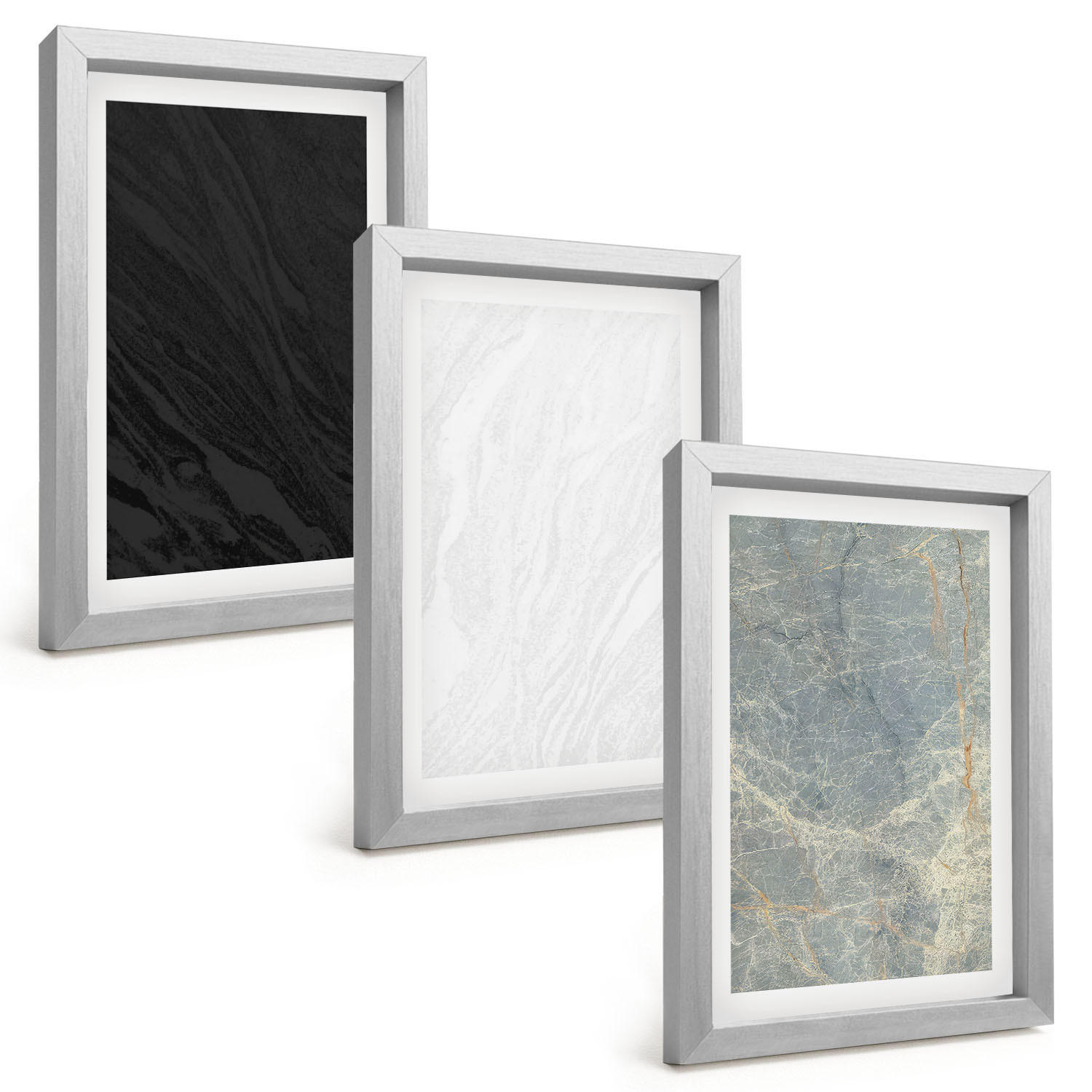 BILDER SET 3er Set - 20x30 cm Silberner Rahmen - Die Farben eleganter Steinstrukturen - Silberfarben, Kunststoff (20/30cm) - TULUP