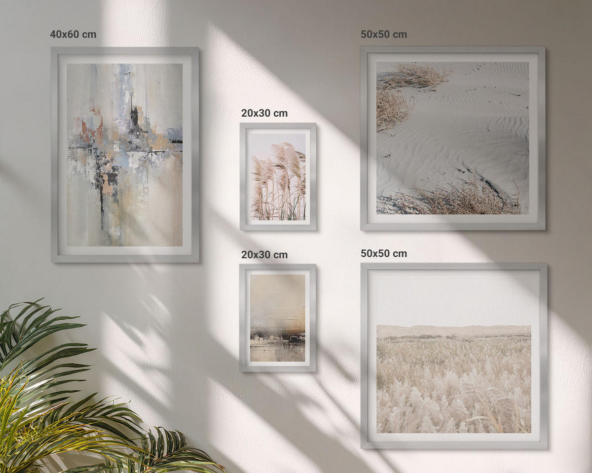 BILDER SET 5er Set - 50x50 cm & 20x30 cm & 40x60 cm Silberner Rahmen - Abstrakte Vegetationsmuster - Silberfarben, Kunststoff (40/60cm) - TULUP