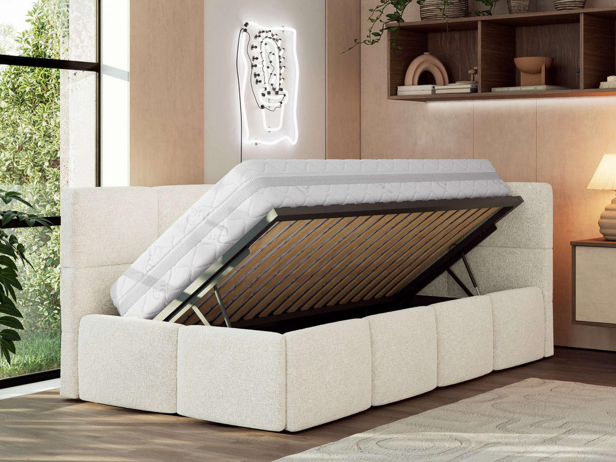 JUGENDBETT ARVO 90/200 - Creme Strukture - Pocket-Matratze - Rechts Seite - Creme, Textil (90/200cm) - MKS