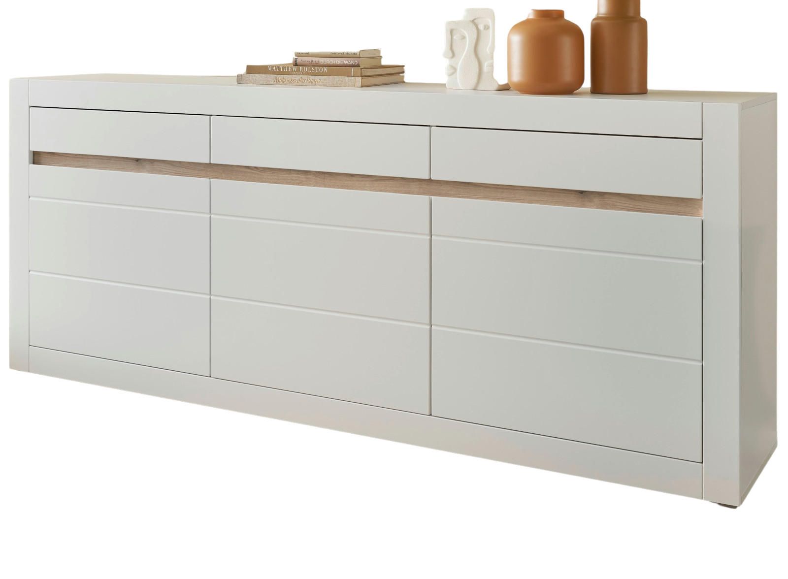 SIDEBOARD weiß matt, Evoke Eiche, Kommode 217 x 90 cm, Soft-Close-Funktion - Eichefarben/Silberfarben, Holzwerkstoff/Kunststoff (217/90/42cm) - Furn.Design
