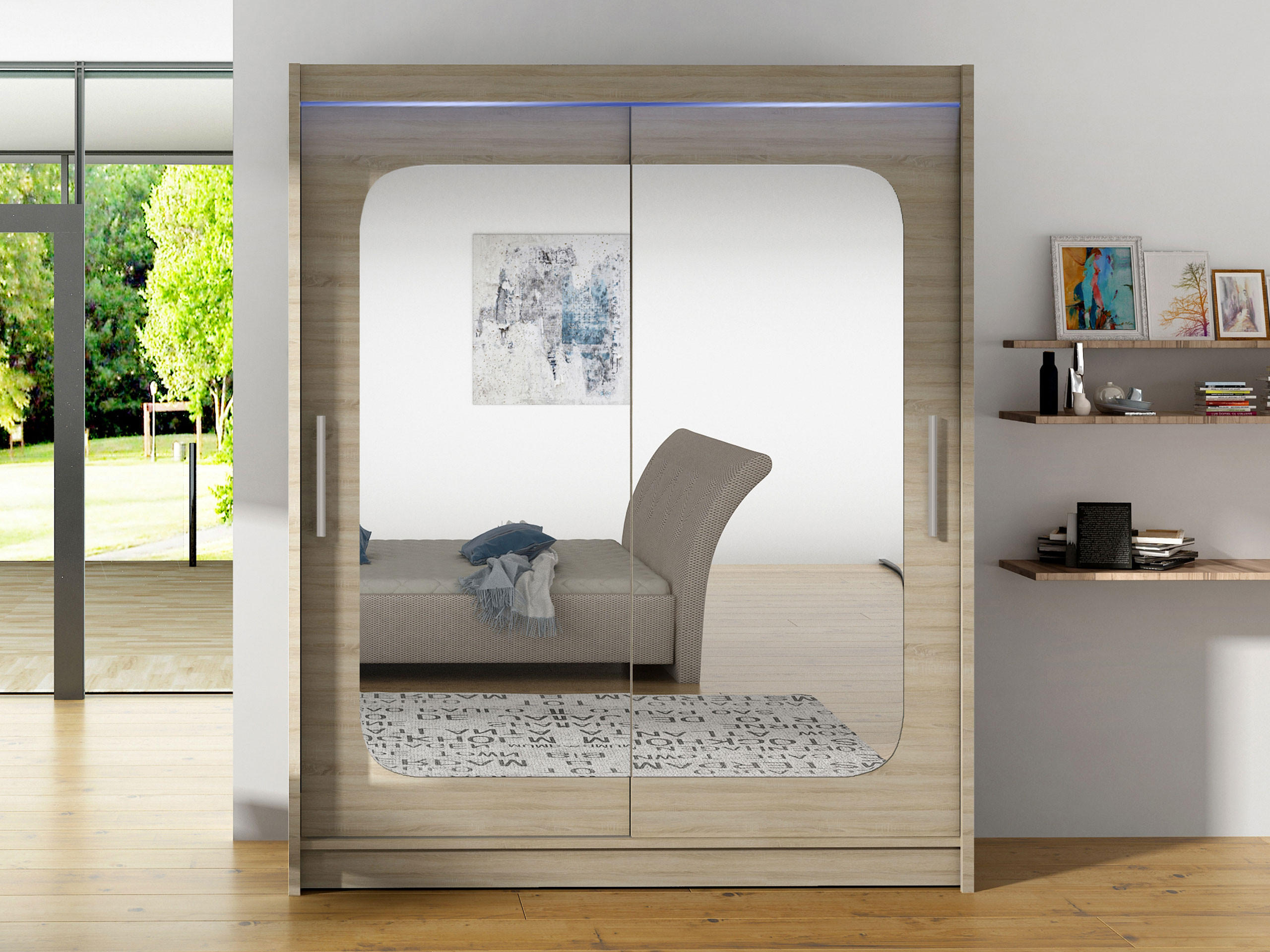 SCHWEBETÜRENSCHRANK Westa XII, mit RGB LED Beleuchtung - Silberfarben/Sonoma Eiche, Holzwerkstoff/Metall (150/200/58cm) - MIRJAN24