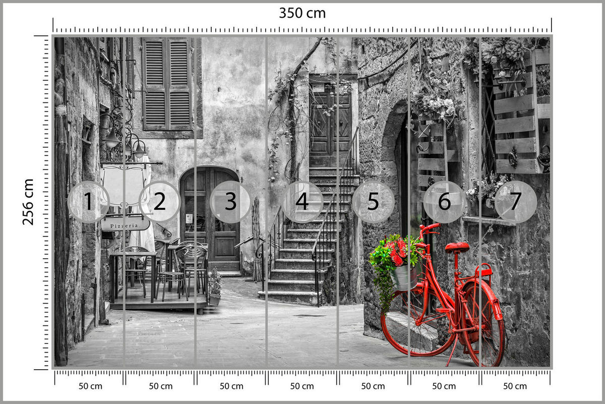 FOTOTAPETE für Wohnzimmer Italienische Gasse Rotes Fahrrad Toskana 350x256 - Rot/Schwarz, Papier (350/256cm) - Muralo