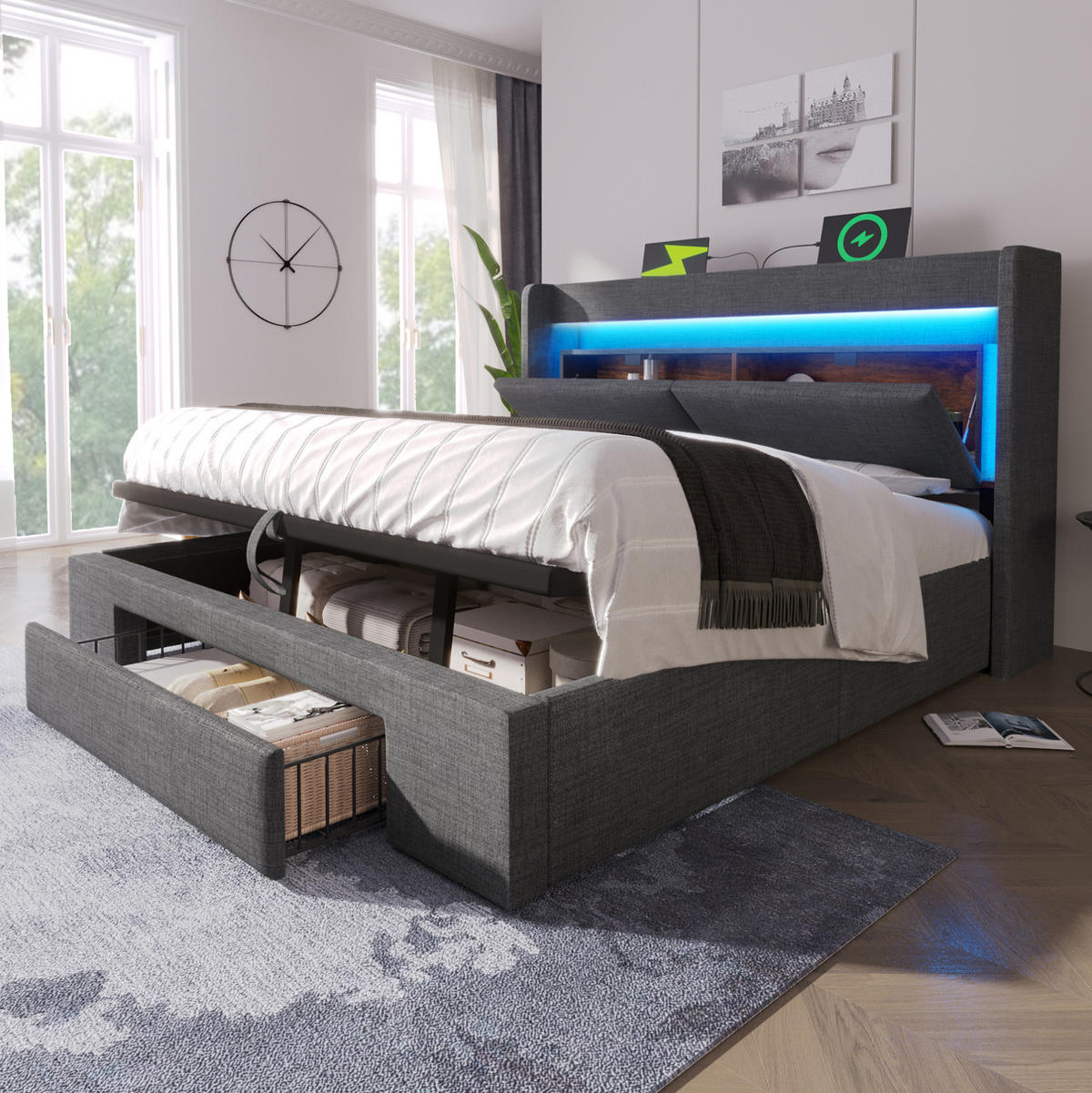 POLSTERBETT mit Stauraum, LED und USB 140x200 cm Leinen Grau - Grau, Metall (140/200cm) - Meubliv