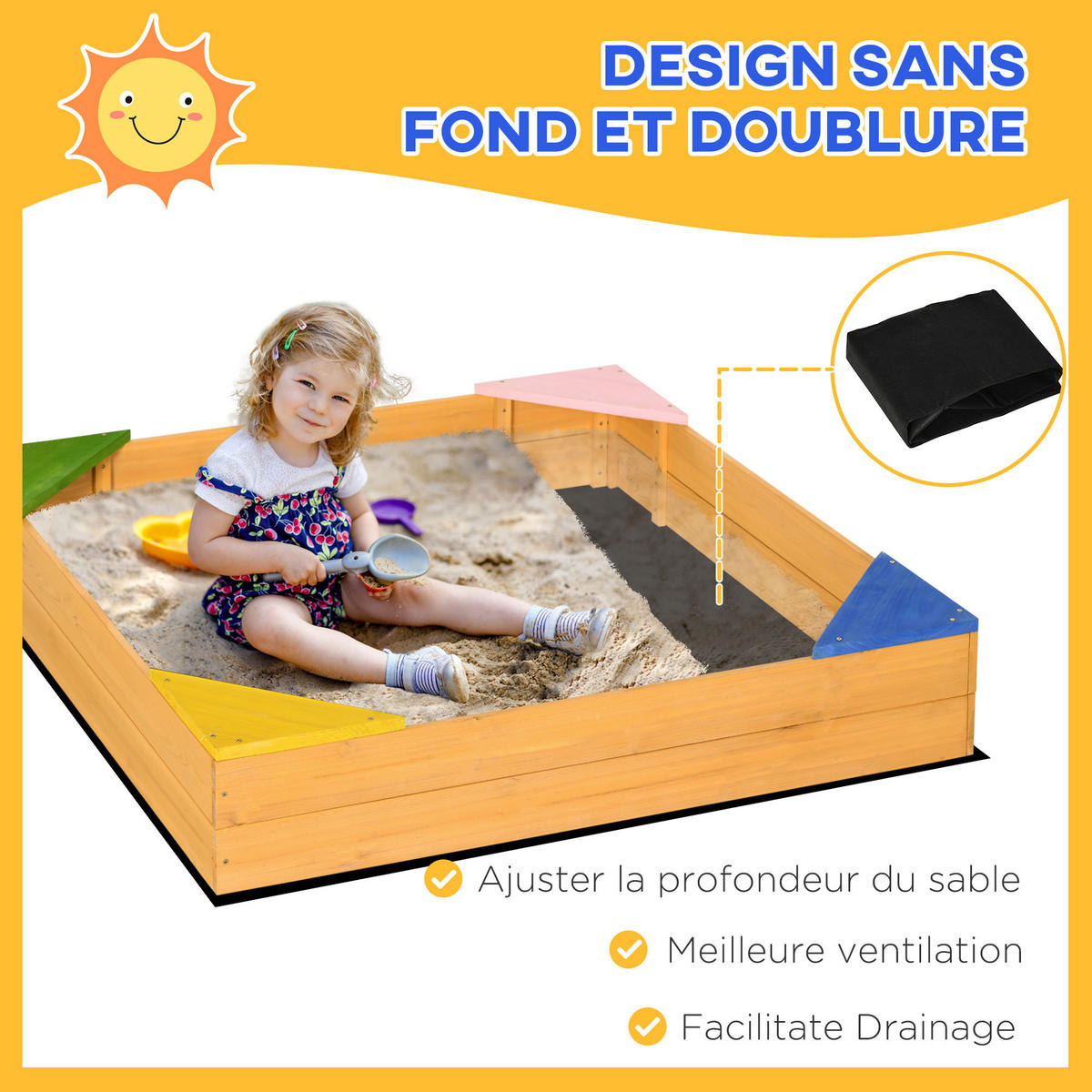 SANDKASTEN DE-18749 4 Sitzplätze & Schutzvlies Naturholz - Naturfarben, Holzwerkstoff (109/109/19.8cm) - ComfortXL