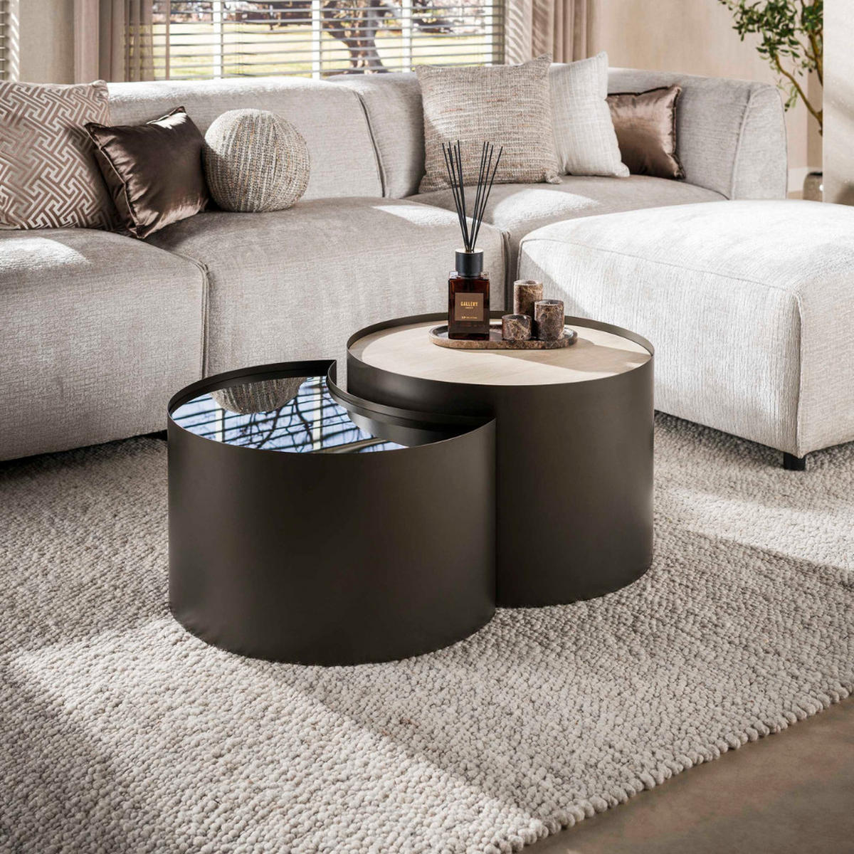 COUCHTISCH-SET VITTORIO MEZZALUNA Halbmond-Satztische - Beige/Schwarz, Glas/Keramik (61/61/41cm) - alesvelt