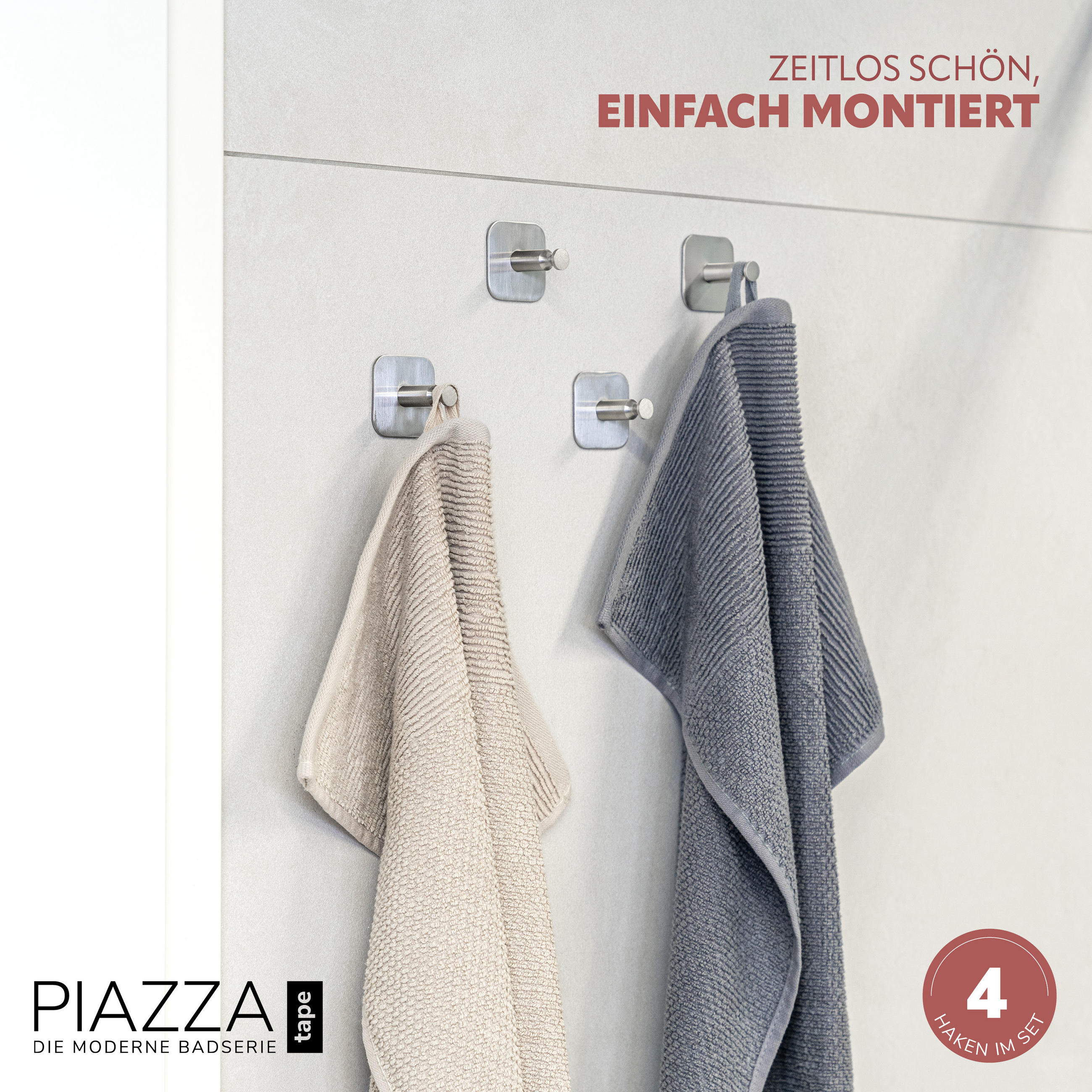 WANDHAKEN PIAZZA TAPE 4er-Set, Edelstahl, matt - Edelstahlfarben, Metall (4.5/4.5/3.8cm) - bremermann