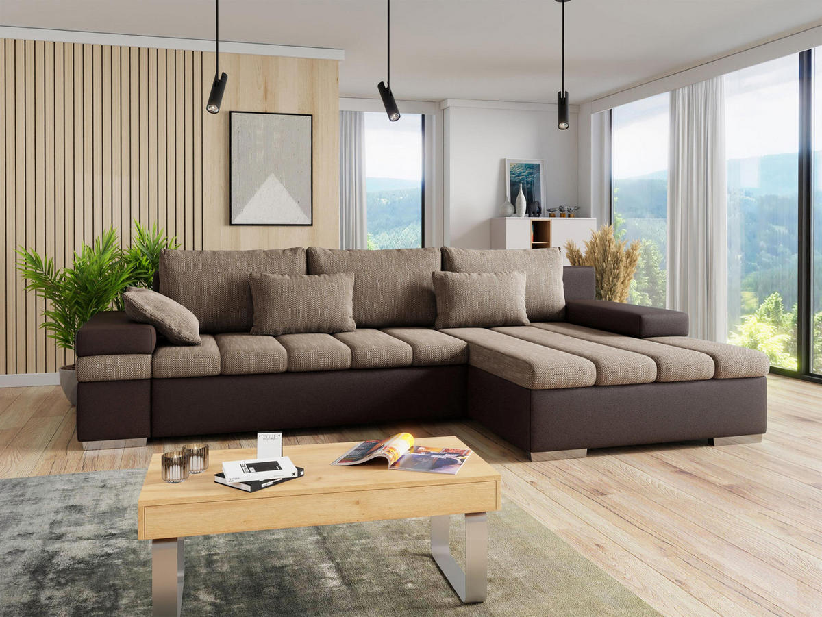ECKSOFA Bangkok, Seite: Rechts - Silberfarben/Braun, Holz/Textil (310/175cm) - MIRJAN24