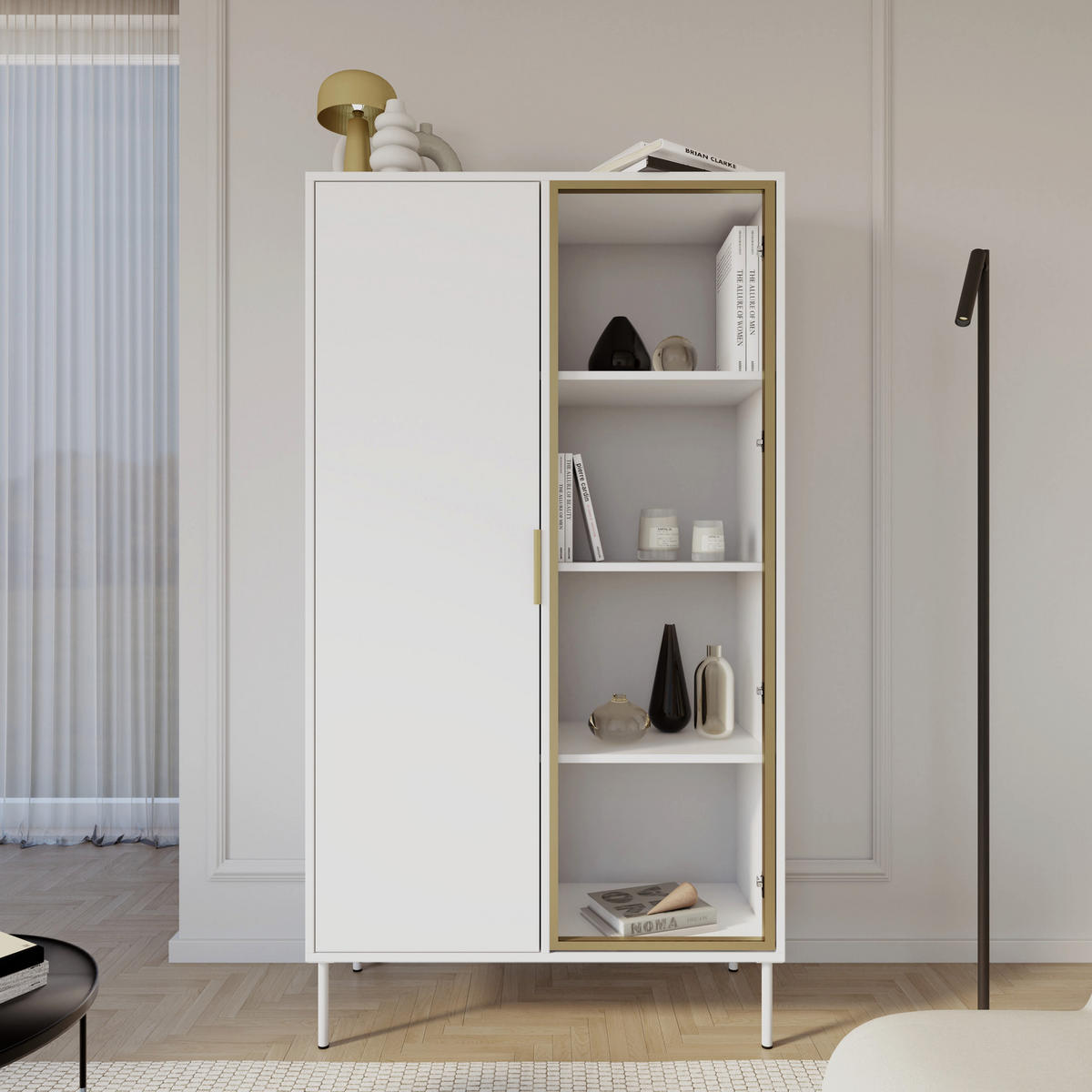 VITRÍNA Vena Biela 90 cm - biela/zlatá, kov/kompozitné drevo (90/160.2/40cm) - Selsey