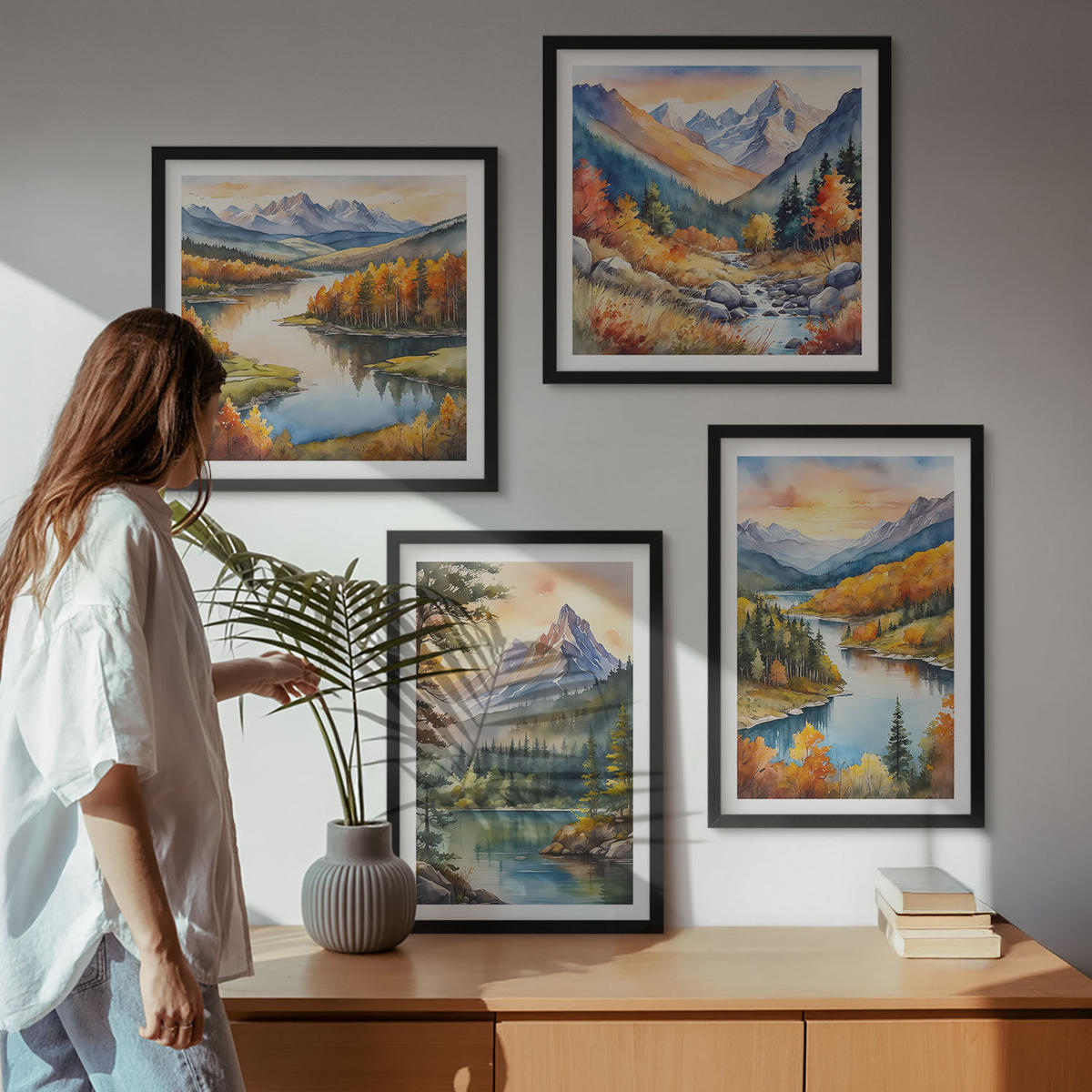 WANDBILDER 4er-Set - 50x50 cm & 40x60 cm Schwarzer Rahmen - Berglandschaften mit einem Fluss - Schwarz, Kunststoff (50/50cm) - ArtPrintCave