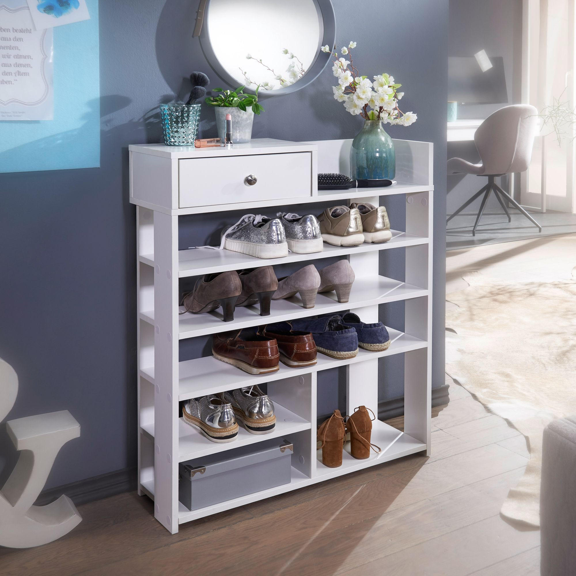 SCHUHREGAL – Weiß, 75x92,5x24 cm, 7 Fächer, mit Schublade, kompakt - Weiß, Holz/Metall (75/93/24cm) - KADIMA DESIGN