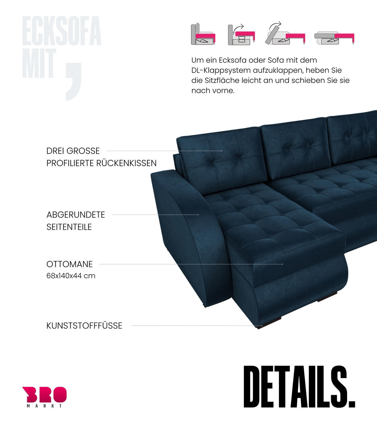 ECKSOFA Bergen mit Schlaffunktion Blau Samtstoff - Blau, Textil (238/141cm) - Bromarkt