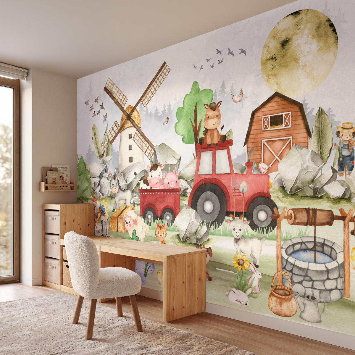 KINDERTAPETE - Bauernhof - Traktor - Kinder - Tiere - 400x280 cm - Weiß, Papier (400/280cm) - OnlyWow