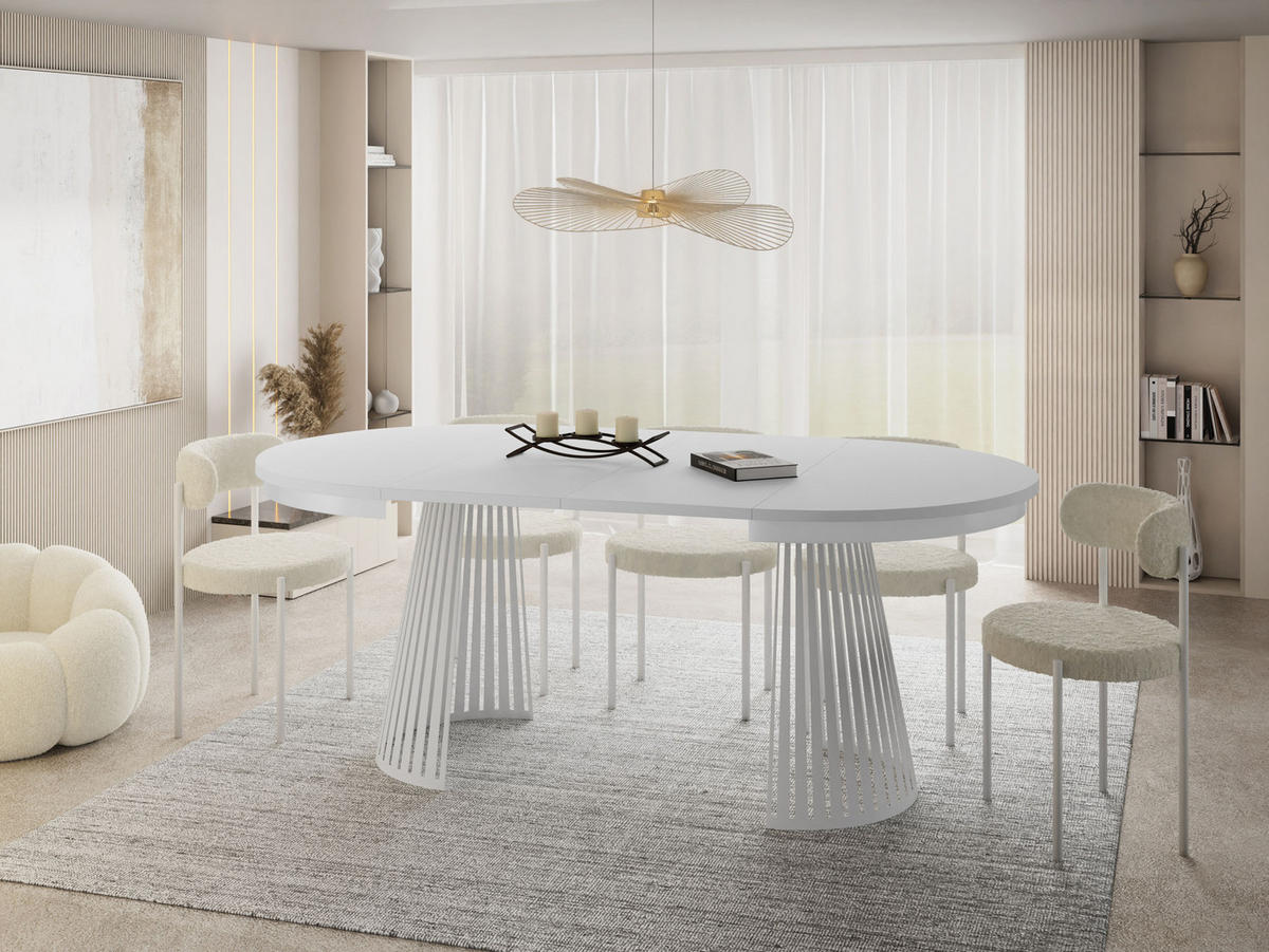 ESSTISCH Naro rund ausziehbar mit Weißem Lamellen-Metallgestell, Weiß 120-200/120/76 cm - Weiß, Holzwerkstoff/Metall (120/120/76cm) - WFL GROUP