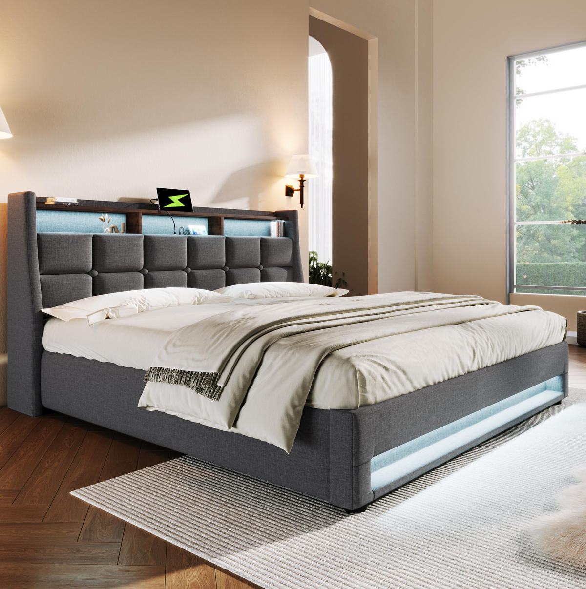 POLSTERBETT 140/200 cm Grau mit LED-Beleuchtung, Stauraum und Matratze - Grau, Textil (140/200cm) - Flora Grace