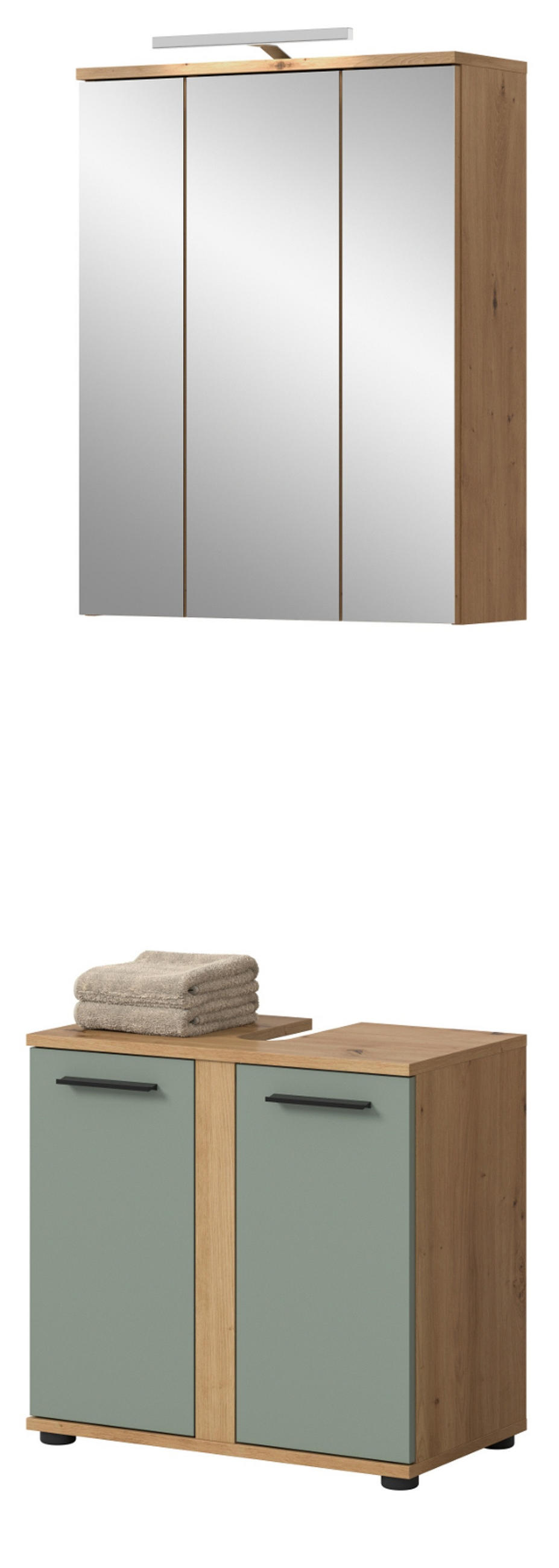 BADMÖBEL-SET Salbei grün, Eiche Artisan 60 cm 2-teilig, Badezimmerschränke inklusive LED Beleuchtung - Salbeigrün/Schwarz, Glas/Holzwerkstoff (60/191/34cm) - Inn.Furn