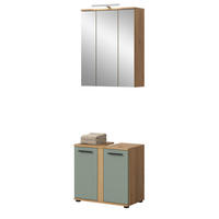 BADMÖBEL-SET Salbei grün, Eiche Artisan 60 cm 2-teilig, Badezimmerschränke inklusive LED Beleuchtung - Salbeigrün/Schwarz, Glas/Holzwerkstoff (60/191/34cm) - Inn.Furn