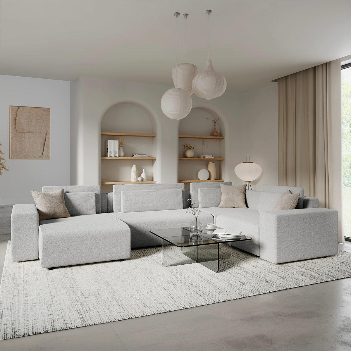 PANORAMASOFA Lorenzo 5 Sitzplätze Hellgrau - Grau, Holz (378/85/236cm) - Petits-meubles