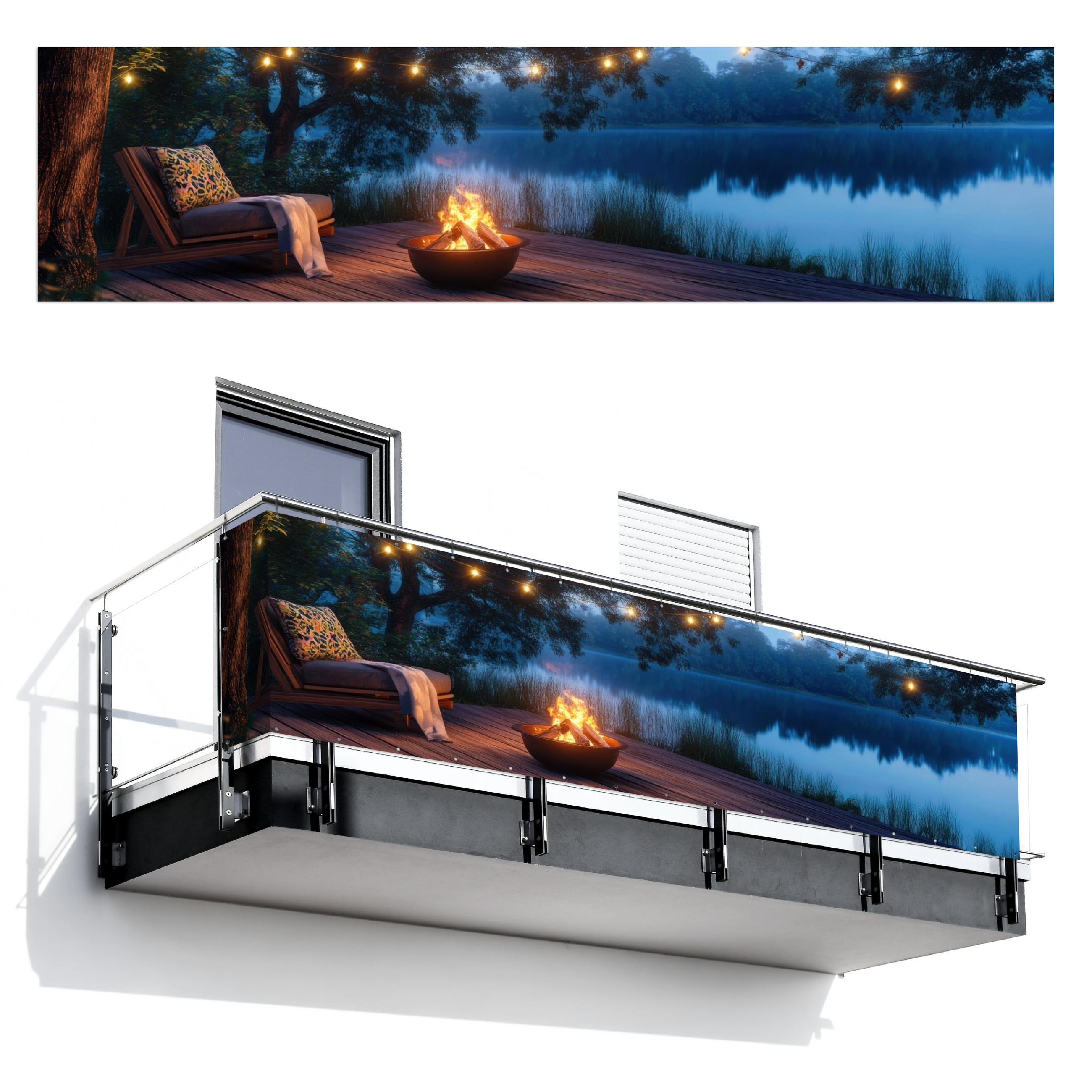 BALKON-SICHTSCHUTZ Lagerfeuer - See - Abendlicht - Dunkelblau, Kunststoff (500/120cm) - MuchoWow