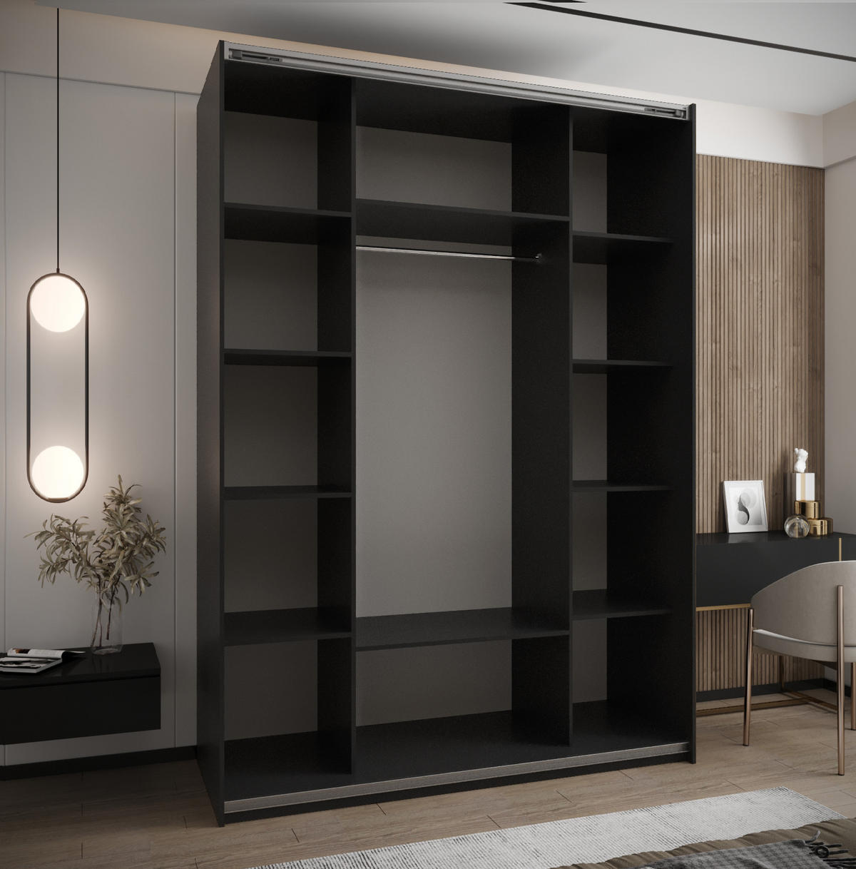 SCHWEBETÜRENSCHRANK 245,5/170/64 2-türig - Schwarz/Weiß, Holz/Metall (170/245/64cm) - Abiks Möbel