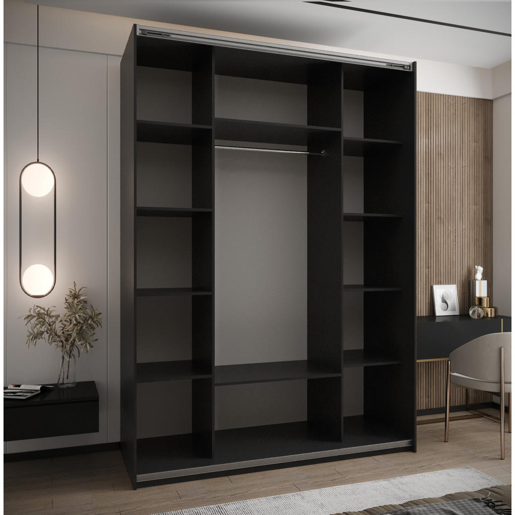 Thumbnail - Abiks Möbel Schwebetürenschrank, Schwarz, Eiche Artisan, Schwarz, Metall, Nachbildung, 10 Fächer, 160x245x64 cm, Schlafz...