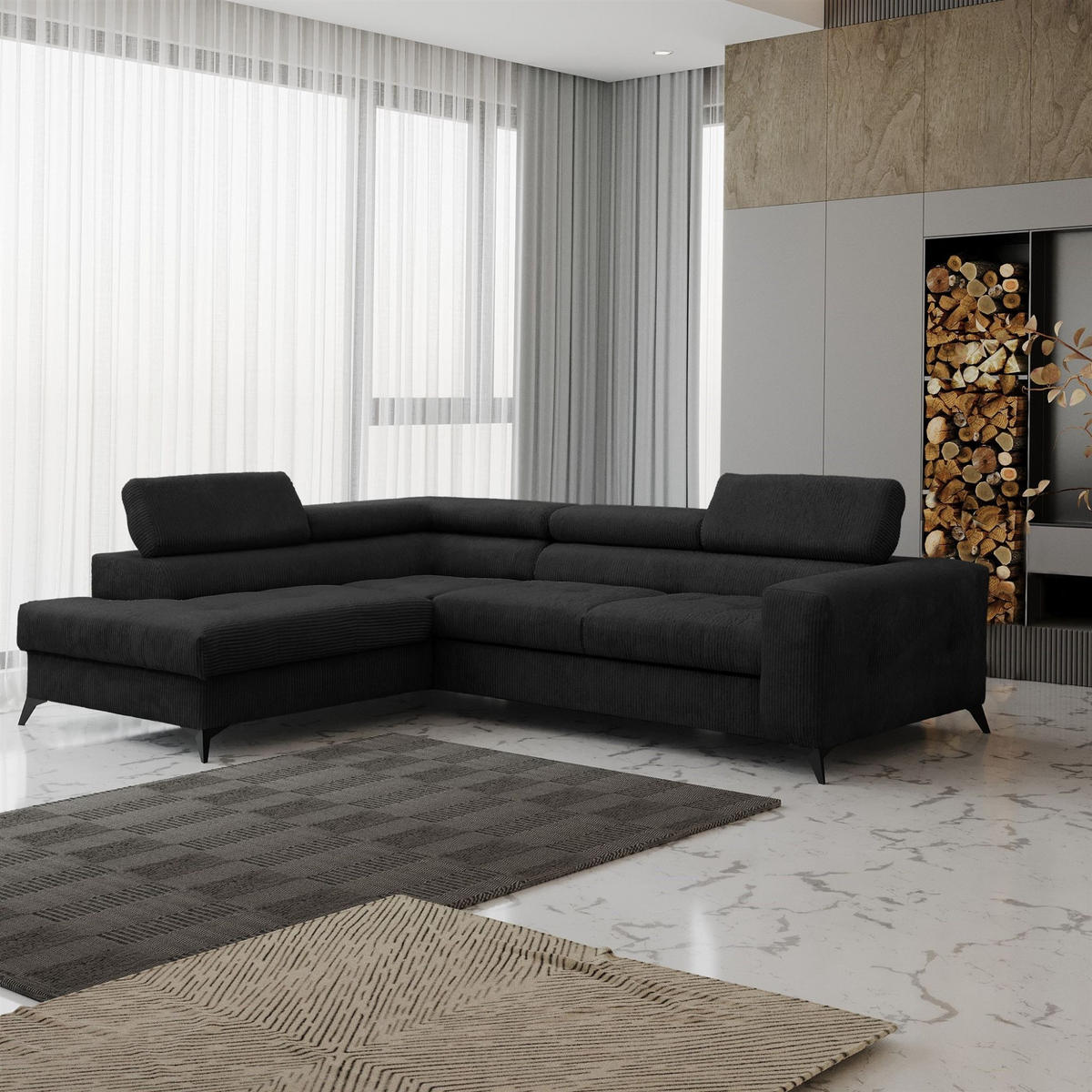 ECKSOFA Schlafsofa Amadeo In Anafi - Schwarz, Holzwerkstoff/Textil (271/202cm) - Fun Möbel