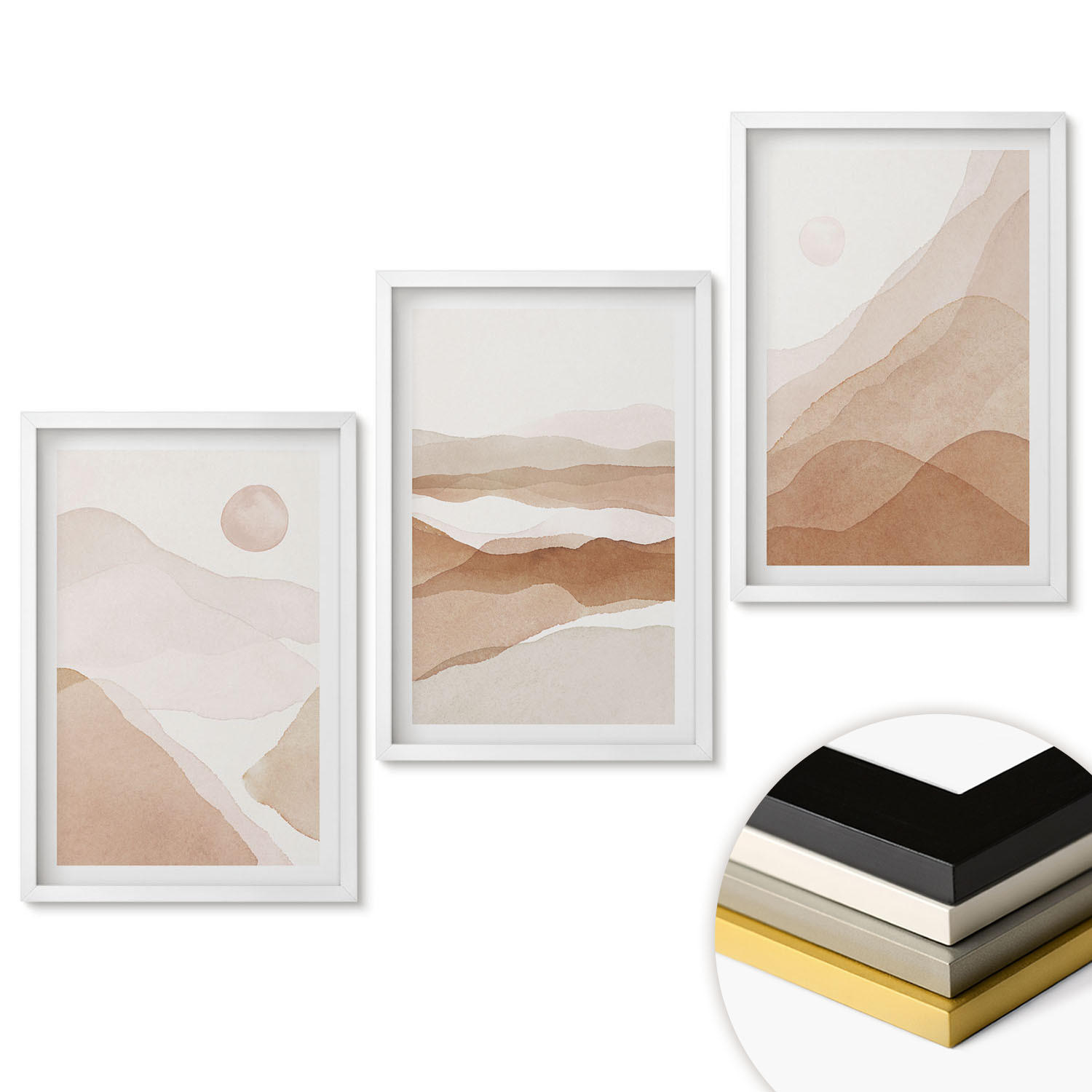 WANDBILDER 3er-Set - 40x60 cm Weißer Rahmen - Abstrakte braune Landschaften - Weiß, Kunststoff (40/60cm) - ArtPrintCave