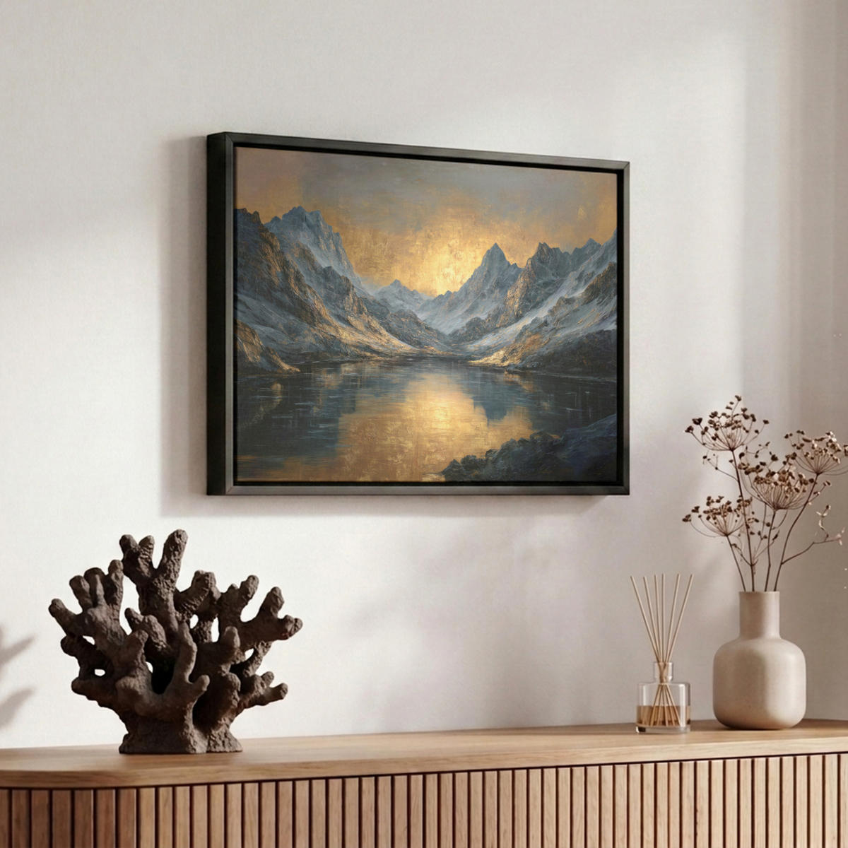 LEINWAND Bilder mit Rahmen - Bergkulisse mit goldenem Sonnenuntergang - 30x20 - Goldfarben, Textil (30/20cm) - MuchoWow