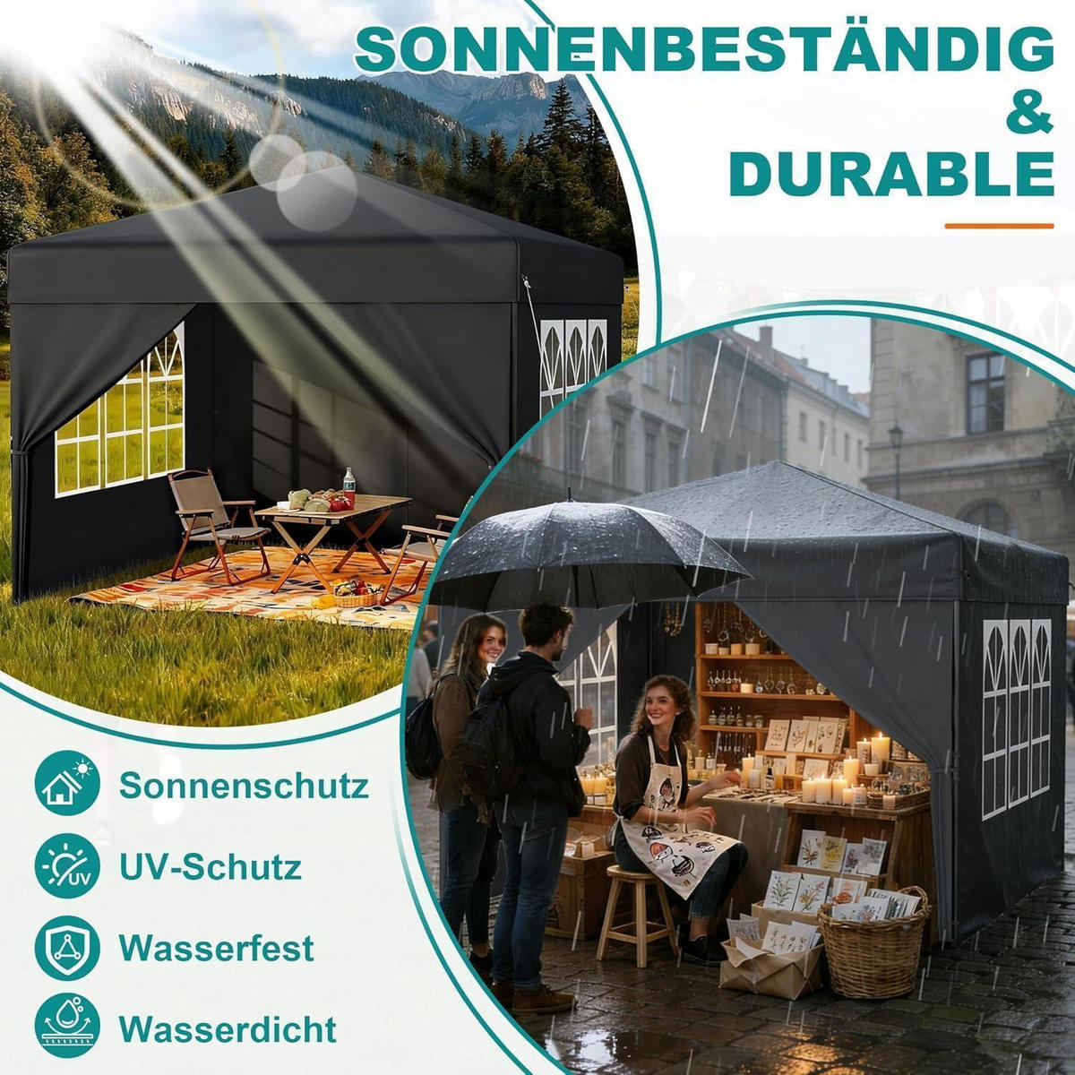 FALTPAVILLON 300 x 300 cm Anthrazit mit Seitenwänden - Anthrazit, Textil (300/260/300cm)