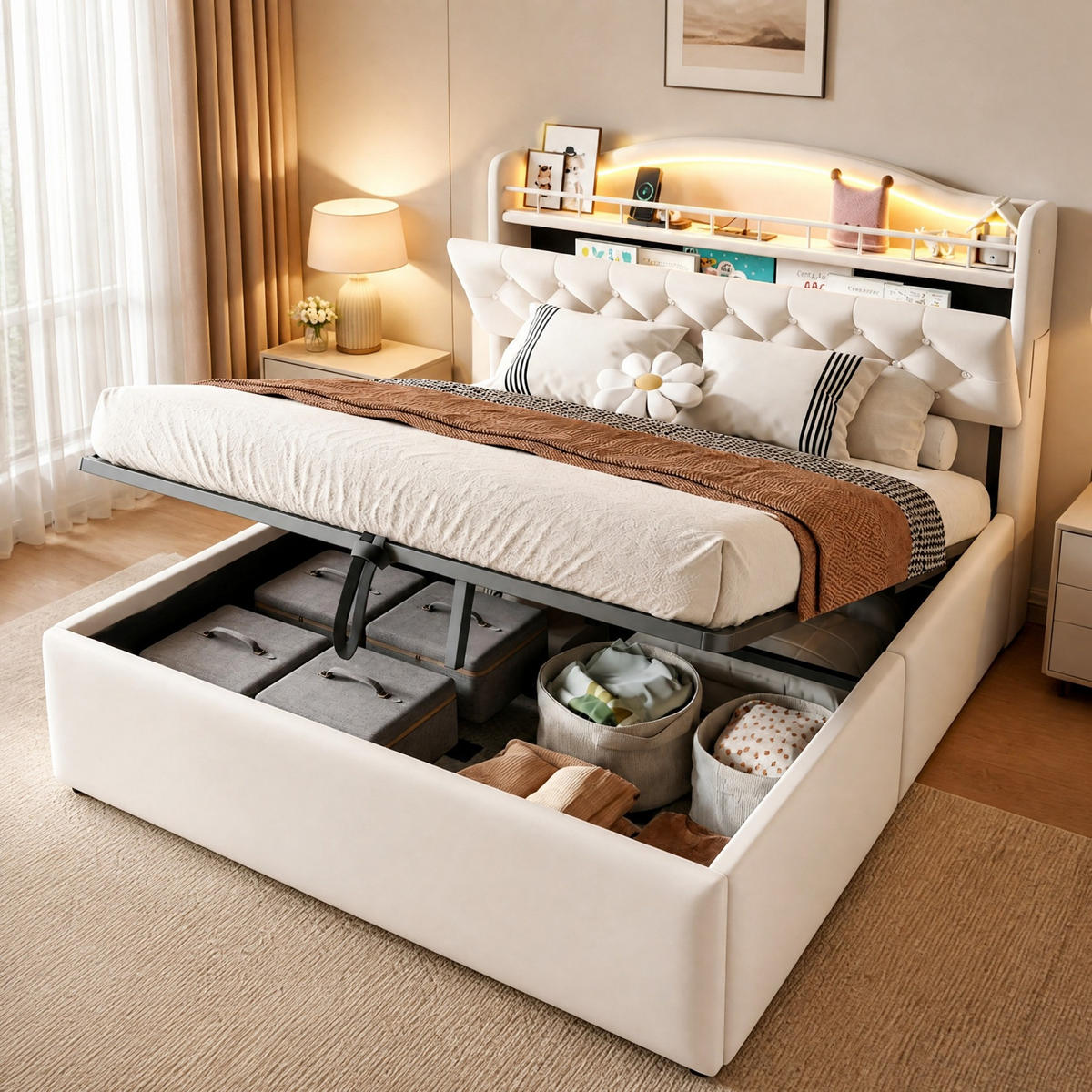 POLSTERBETT 140x200 cm in Beige mit hydraulischem Bettkasten, LED und USB-C - Beige, Textil (140/200cm) - IVMEU
