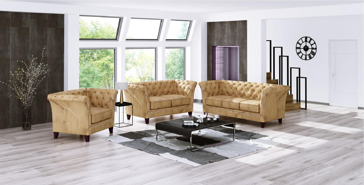 CHESTERFIELD-SOFA 3-Sitzer Fusion Beige Samt - Beige/Braun, Holz/Textil (237/75/82cm) - S-Style Möbel