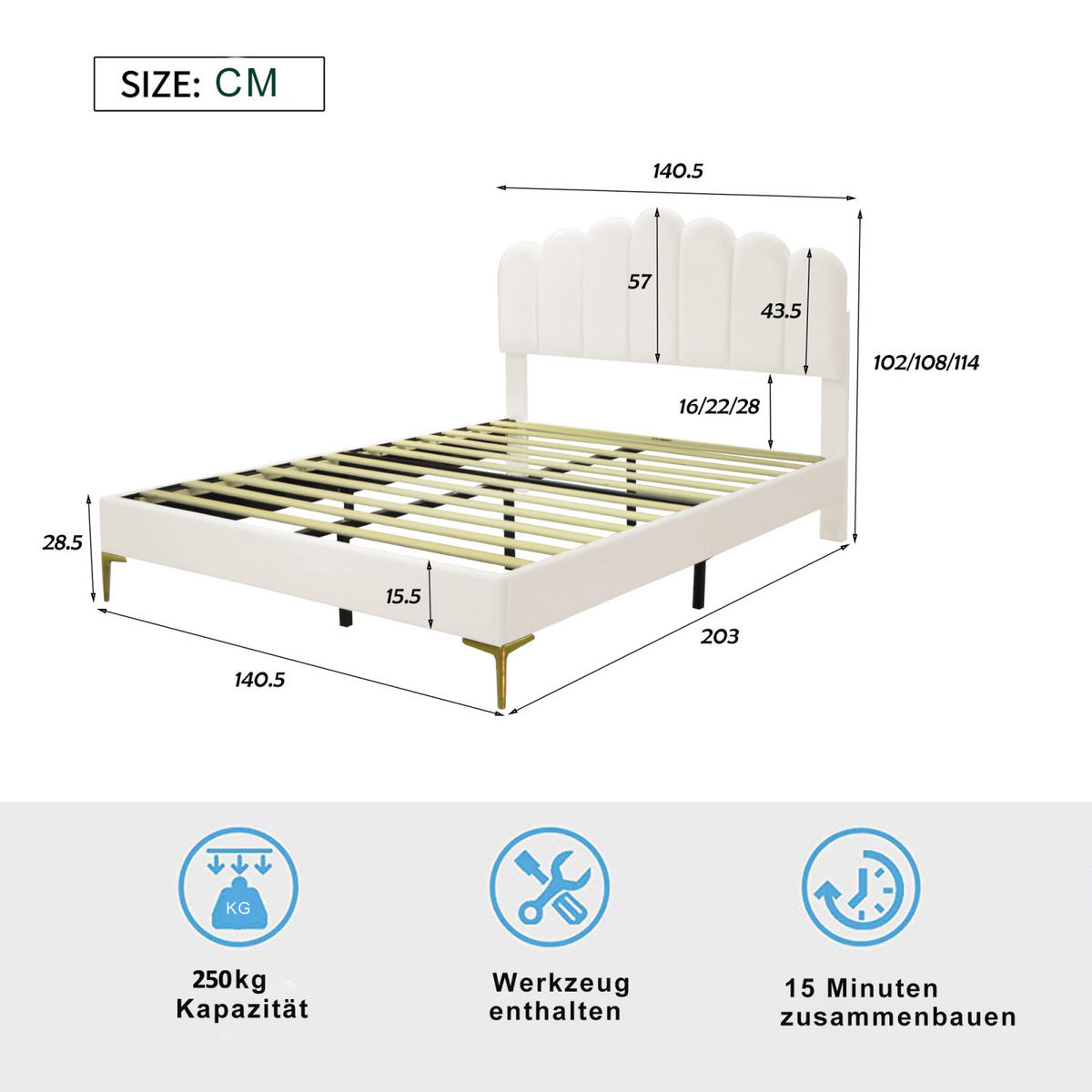 POLSTERBETT 140x200 cm Jugendbett aus Samt mit Lattenrost, beige - Beige, Holz/Metall (140/200cm) - PARAFTA HOME