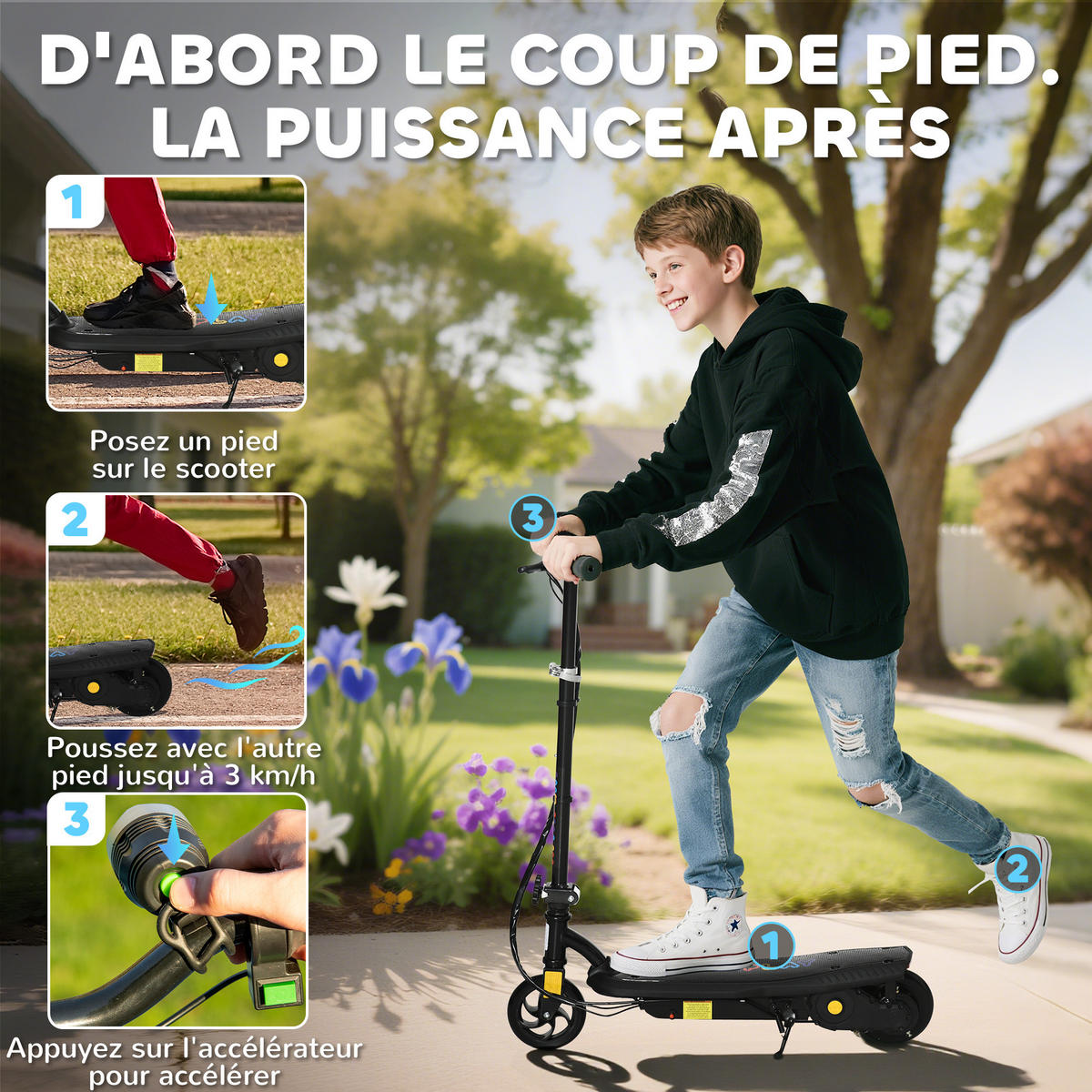 KINDERSCOOTER DE-16944 klappbar 120 W 12 km/h Schwarz - Schwarz, Metall (75/48/105cm) - ComfortXL