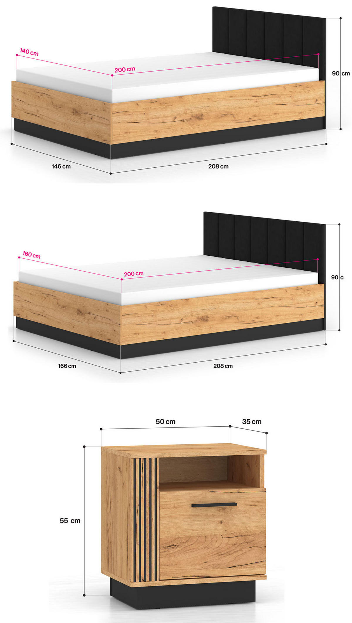 SCHLAFZIMMER-SET 3-teilig Urso Gold Craft Eiche / Schwarz - Schwarz/Braun, Holz/Holzwerkstoff (160/200cm) - Feldmann-Wohnen