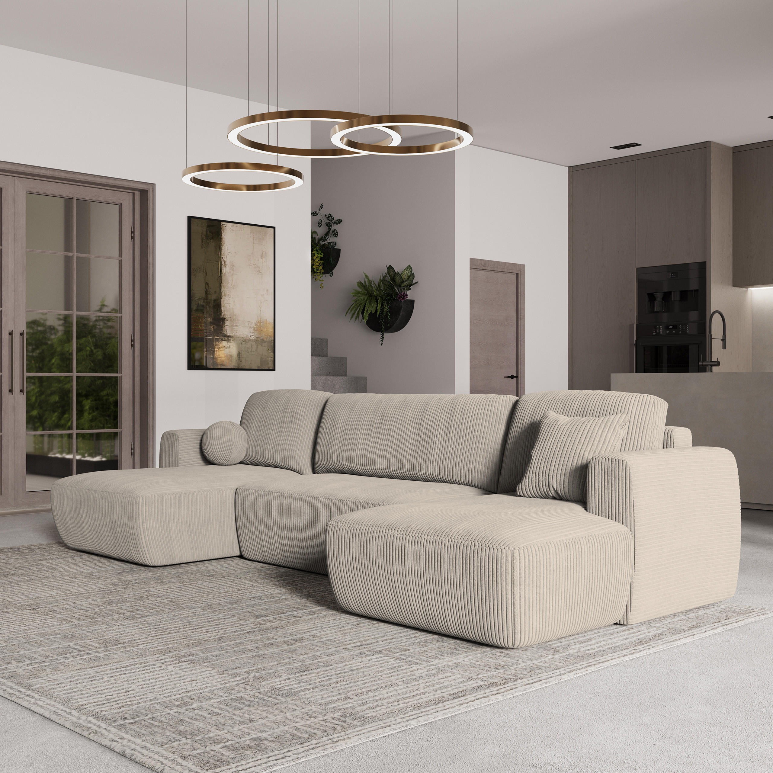 WOHNLANDSCHAFT SENTUM P Creme Kordstoff mit Schlaffunktion - Creme, Holz (330/90/148cm) - MASSENO