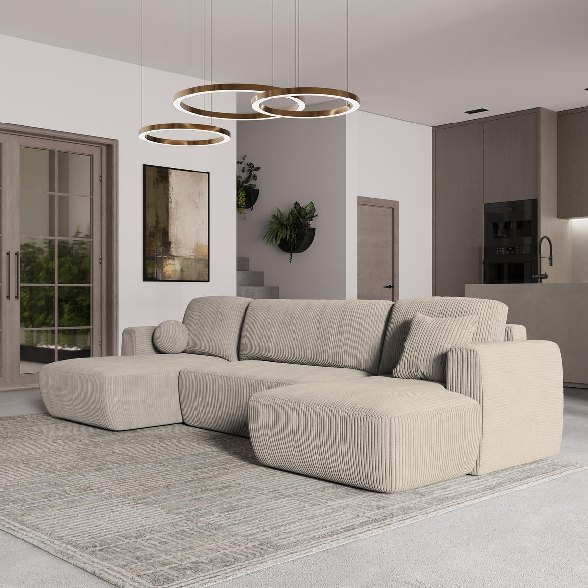 WOHNLANDSCHAFT SENTUM P Creme Kordstoff mit Schlaffunktion - Creme, Holz (330/90/148cm) - MASSENO