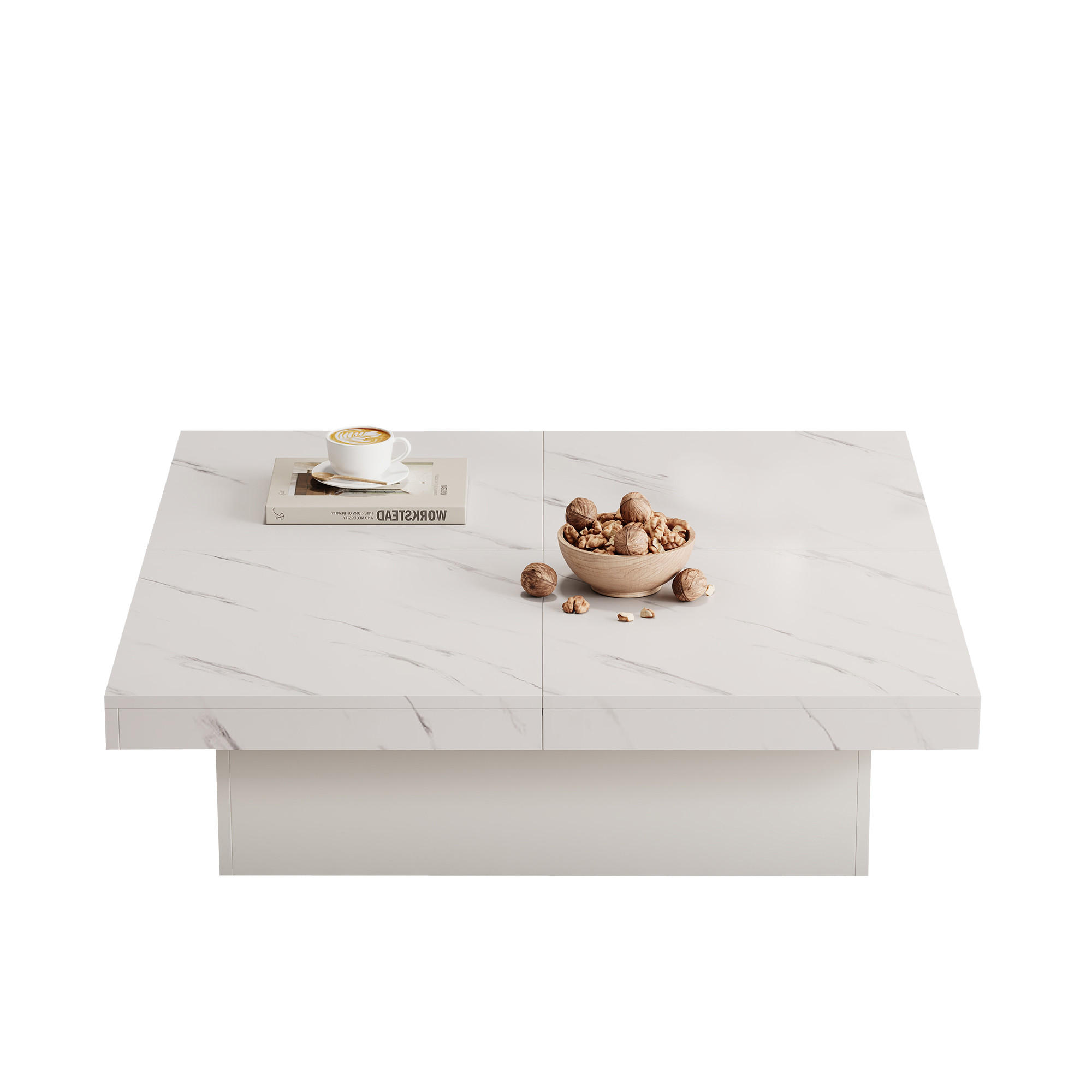STILVORA KONFERENČNÍ stůl Bílý s mramorovým vzhledem a posuvnou stolní deskou do obývacího pokoje, 90×90×25 cm