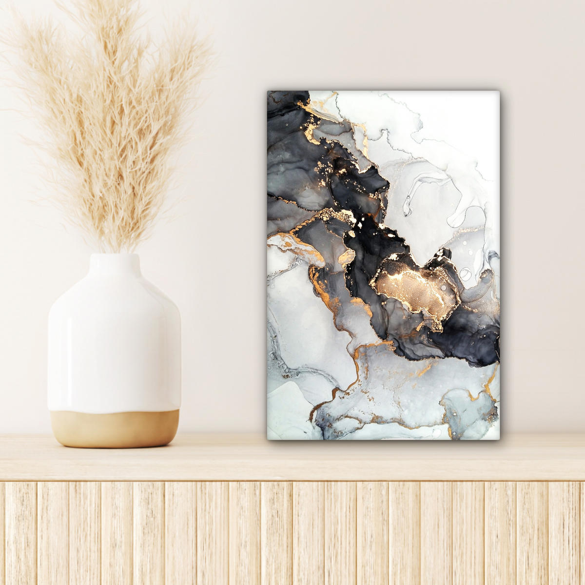 LEINWANDBILD Marmor - Schwarz - Weiß - Gold - Luxus - Abstrakt Deko Wohnzimmer 20x30 cm - Goldfarben, Textil (20/30cm) - MuchoWow